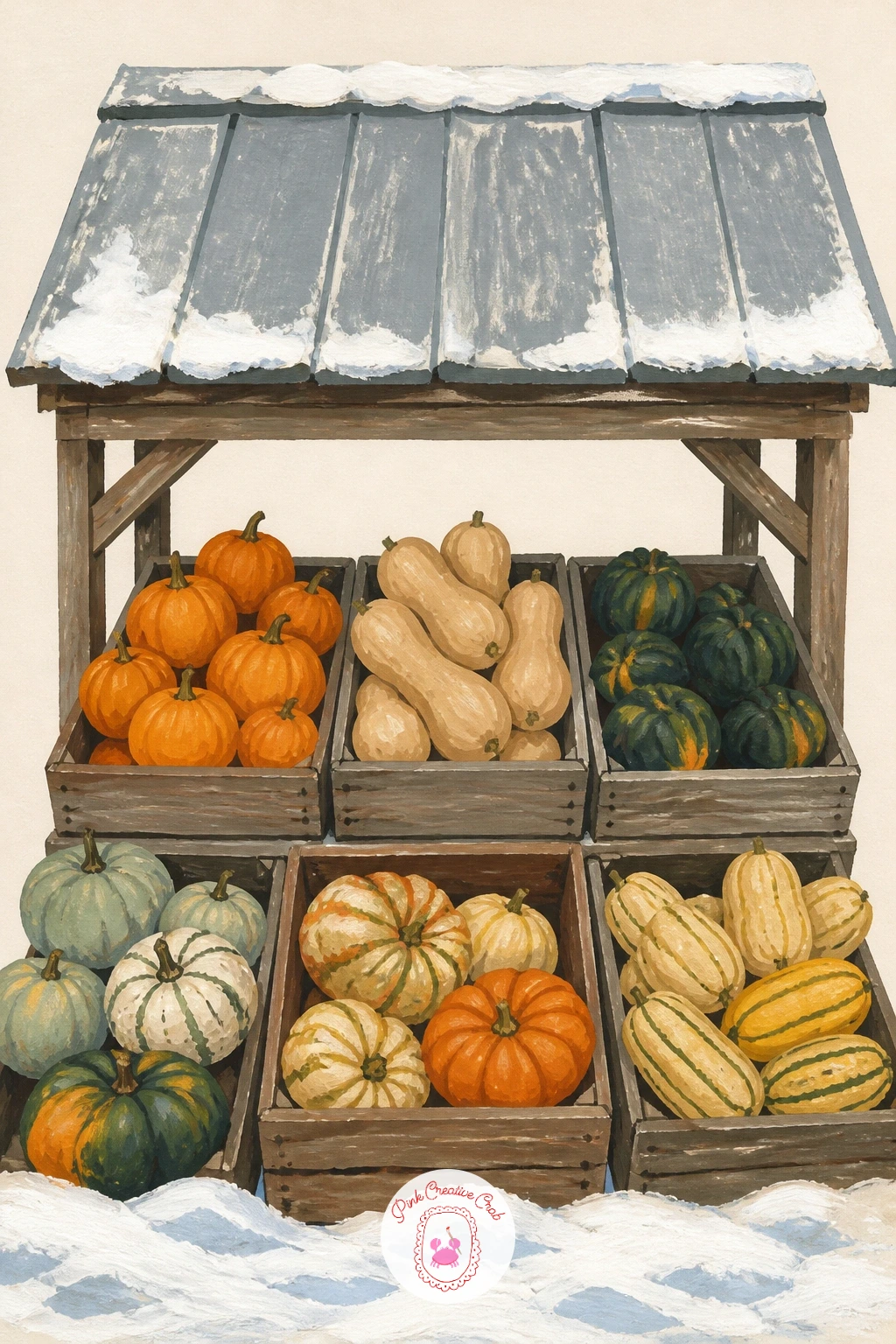 Farm Stand With Crates of Winter Squash — A farm stand with crates of winter squash in the snow gives you a chance to work colour against colour rather than