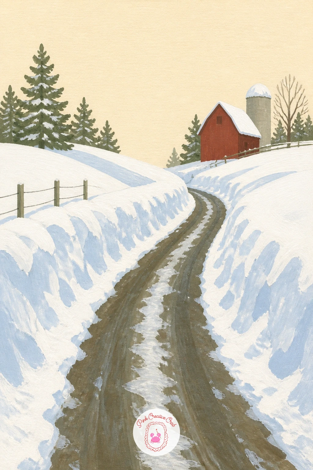 Cleared Farm Lane With Tall Snowbanks — A cleared farm lane with tall snowbanks on each side plays with scale in a satisfying way. Landscape illustration