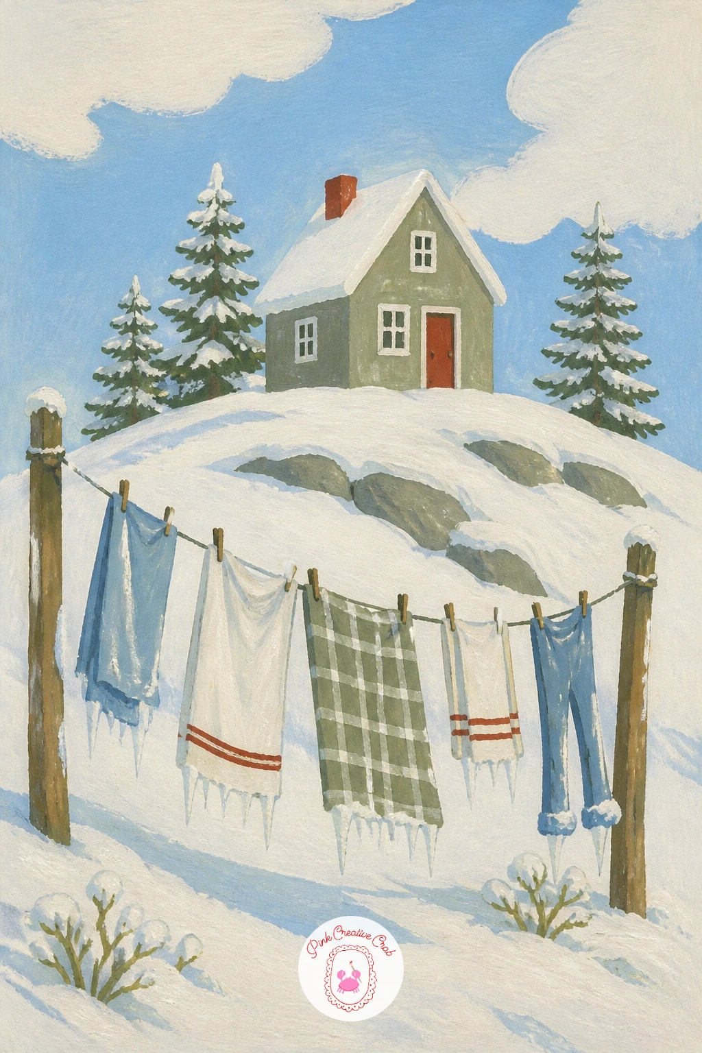 Hilltop Cottage With Frozen Laundry — A hilltop cottage with laundry frozen stiff on the line adds a small human detail that most winter scenes skip. Landscape