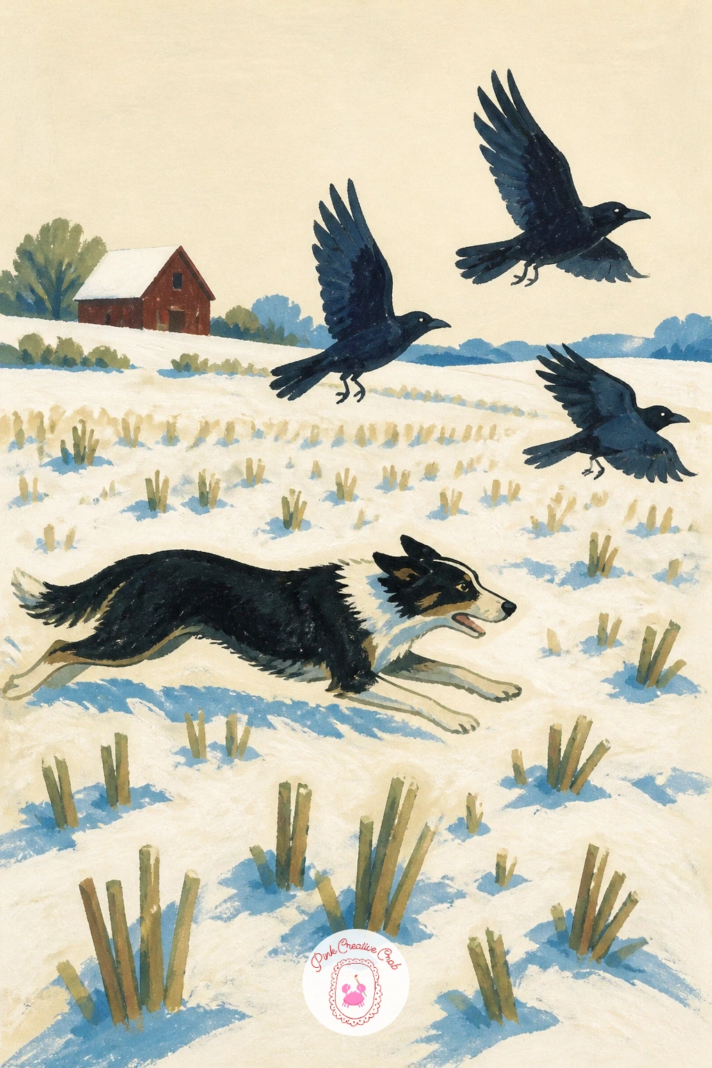 Dog Chasing Crows Across a Stubble Field — A dog chasing crows across a snowy stubble field is the liveliest scene so far, and getting the motion right starts