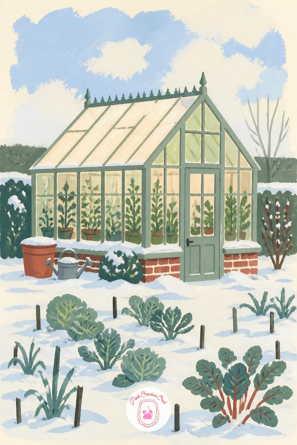 Glass Greenhouse in a Kitchen Garden — A glass greenhouse in a snowy kitchen garden is your chance to paint something glowing inside a cold scene. Landscape