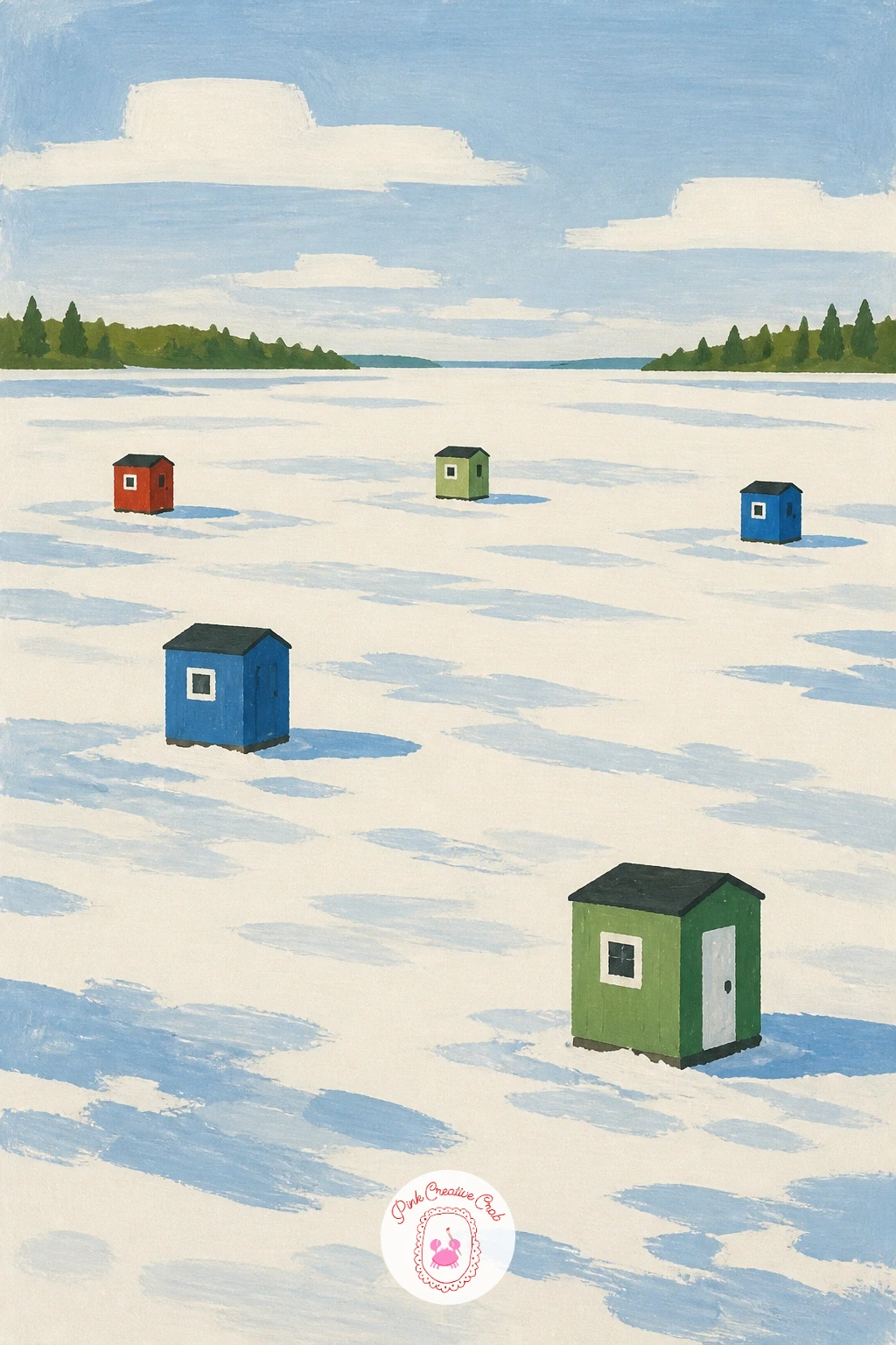 Frozen Lake With Ice Fishing Shelters — A frozen lake dotted with ice fishing shelters like tiny colored houses turns the whole page into a playful colour