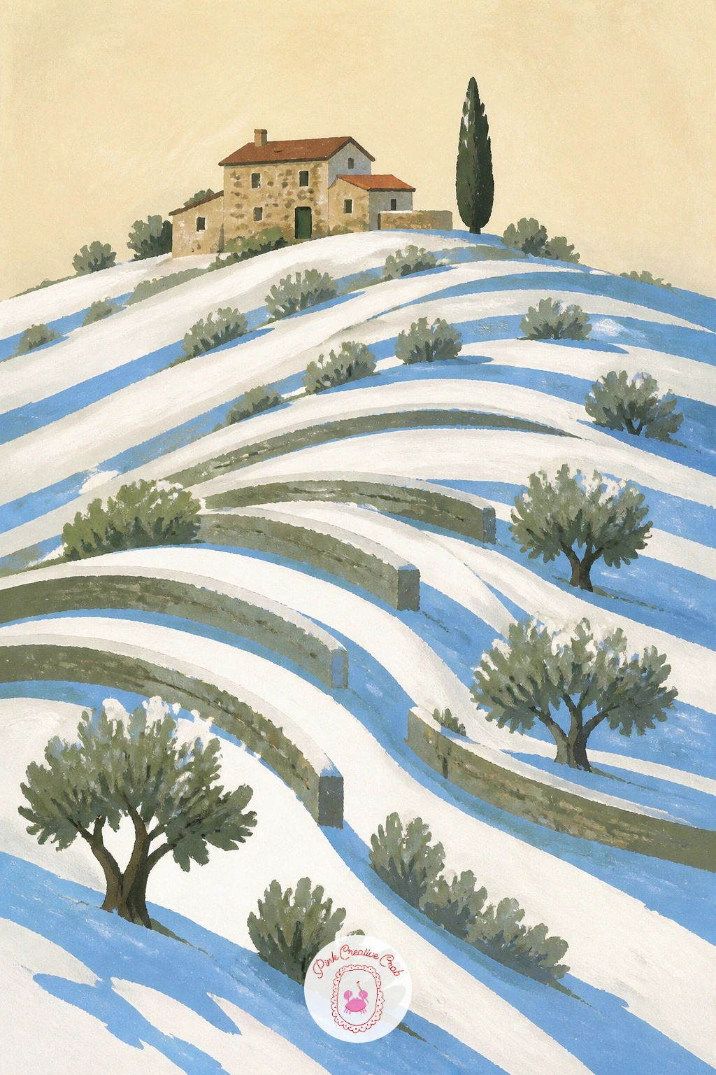 Snowy Terraced Hills With a Tuscan Farmhouse — Snowy terraced hills with a stone farmhouse in Tuscany borrows the same patchwork thinking from earlier, but