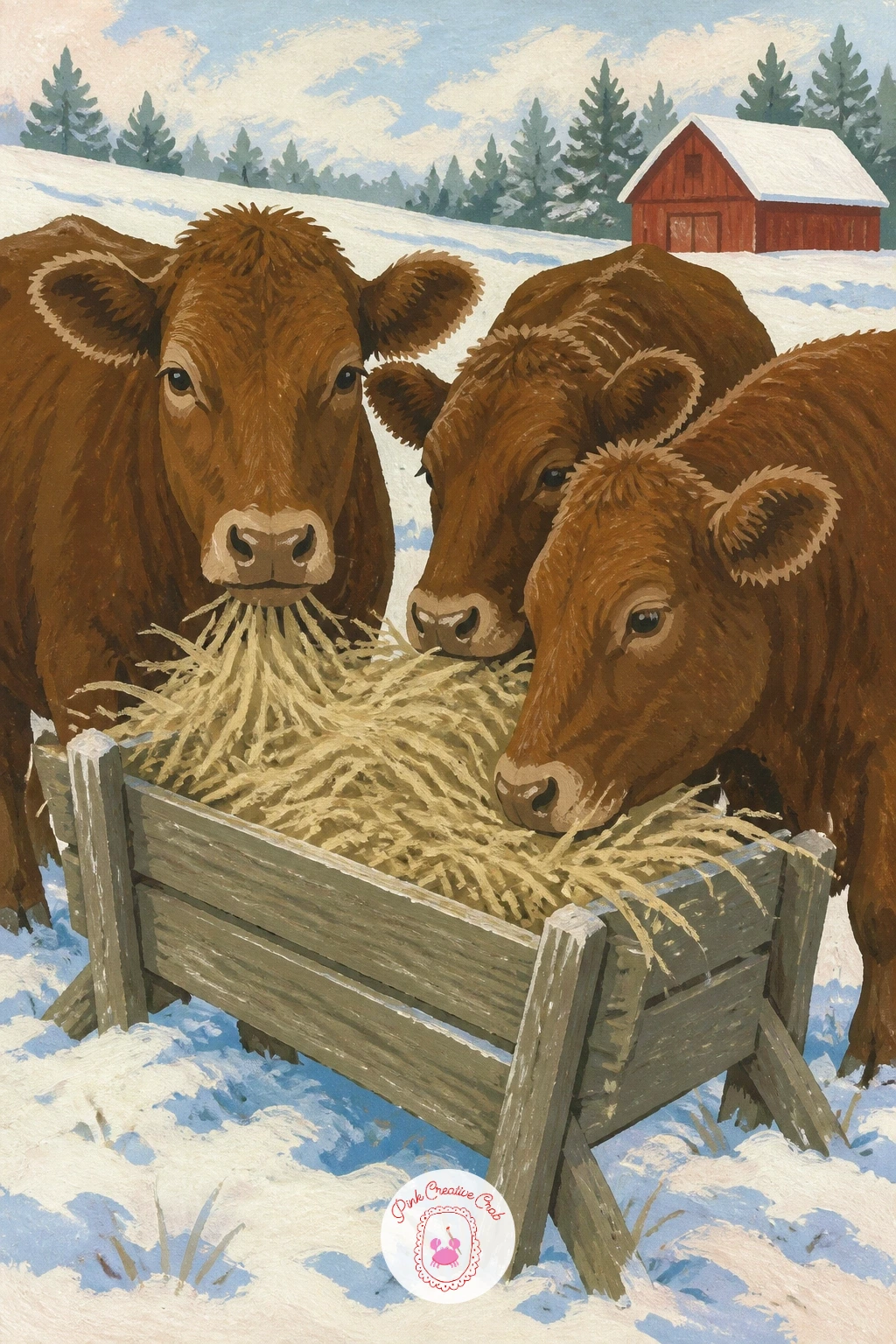 Brown Cows at a Winter Hay Feeder — A herd of brown cows gathered at a hay feeder in winter is a good test of grouping shapes convincingly, much like the sheep