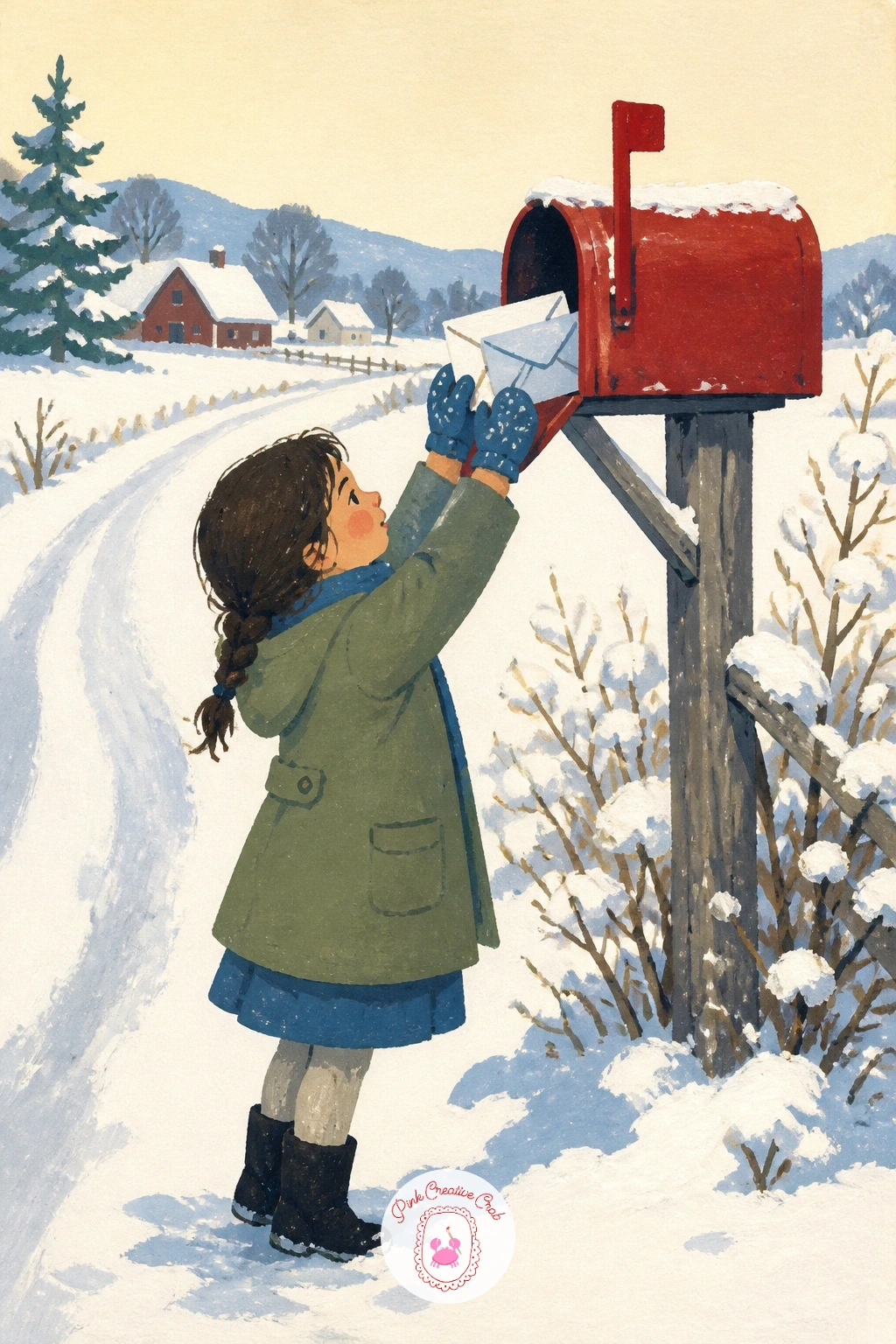 Girl Collecting Letters From a Mailbox — A girl collecting letters from a country mailbox on a snowy lane brings the list back to a small quiet moment.