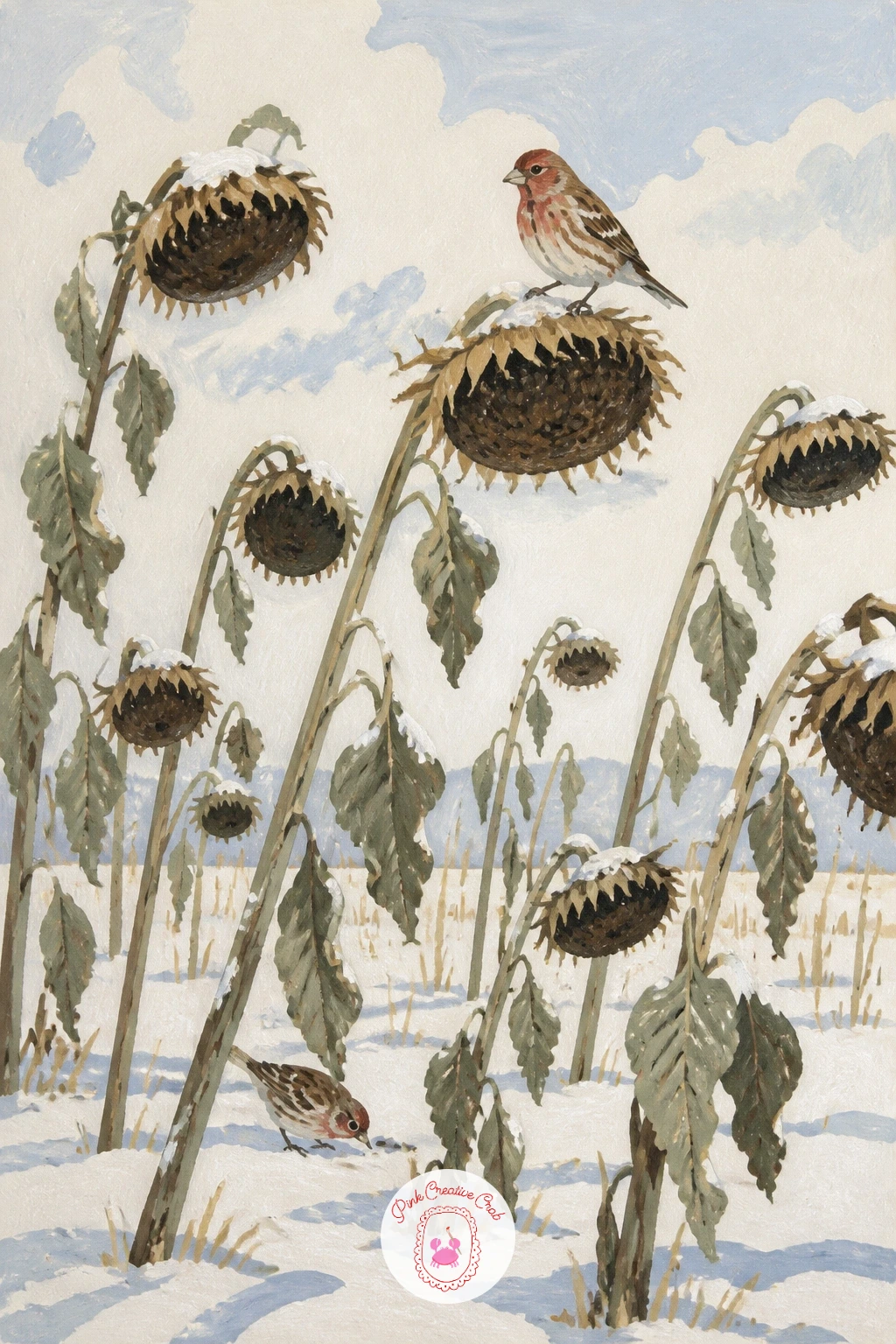 Snowy Sunflower Field With Finches — A snowy sunflower field with dry seed heads and finches is a nice change of texture after so much smooth snow. Landscape