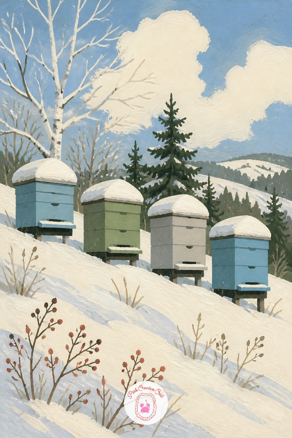 Hillside Row of Snow-Covered Beehives — A hillside row of beehives tucked under snow is a quiet, almost architectural subject once you simplify the hives to