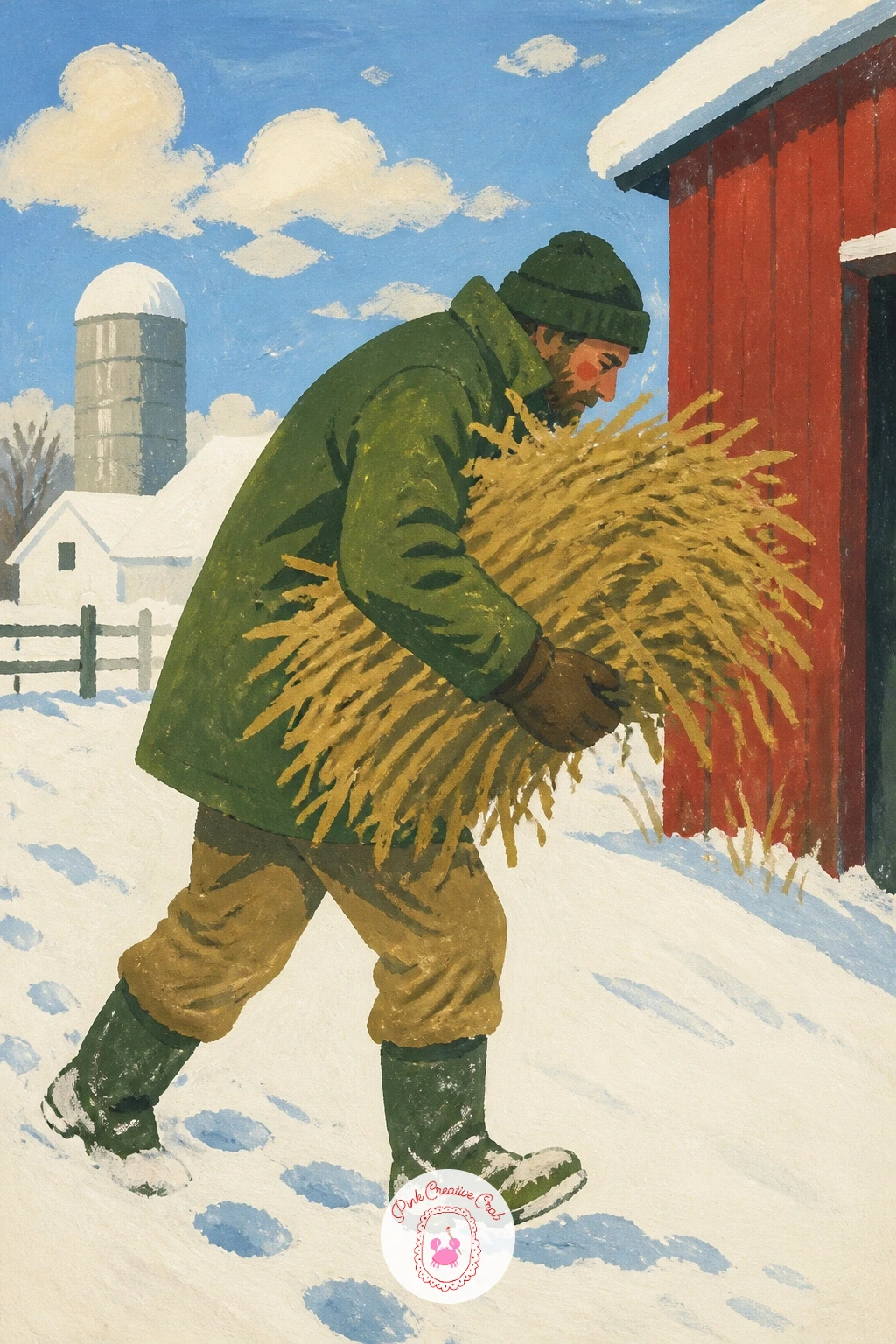 Farmer Carrying Hay Through a Snowy Yard — A farmer in a green coat carrying hay through a snowy yard puts a working figure at the center of the scene, so