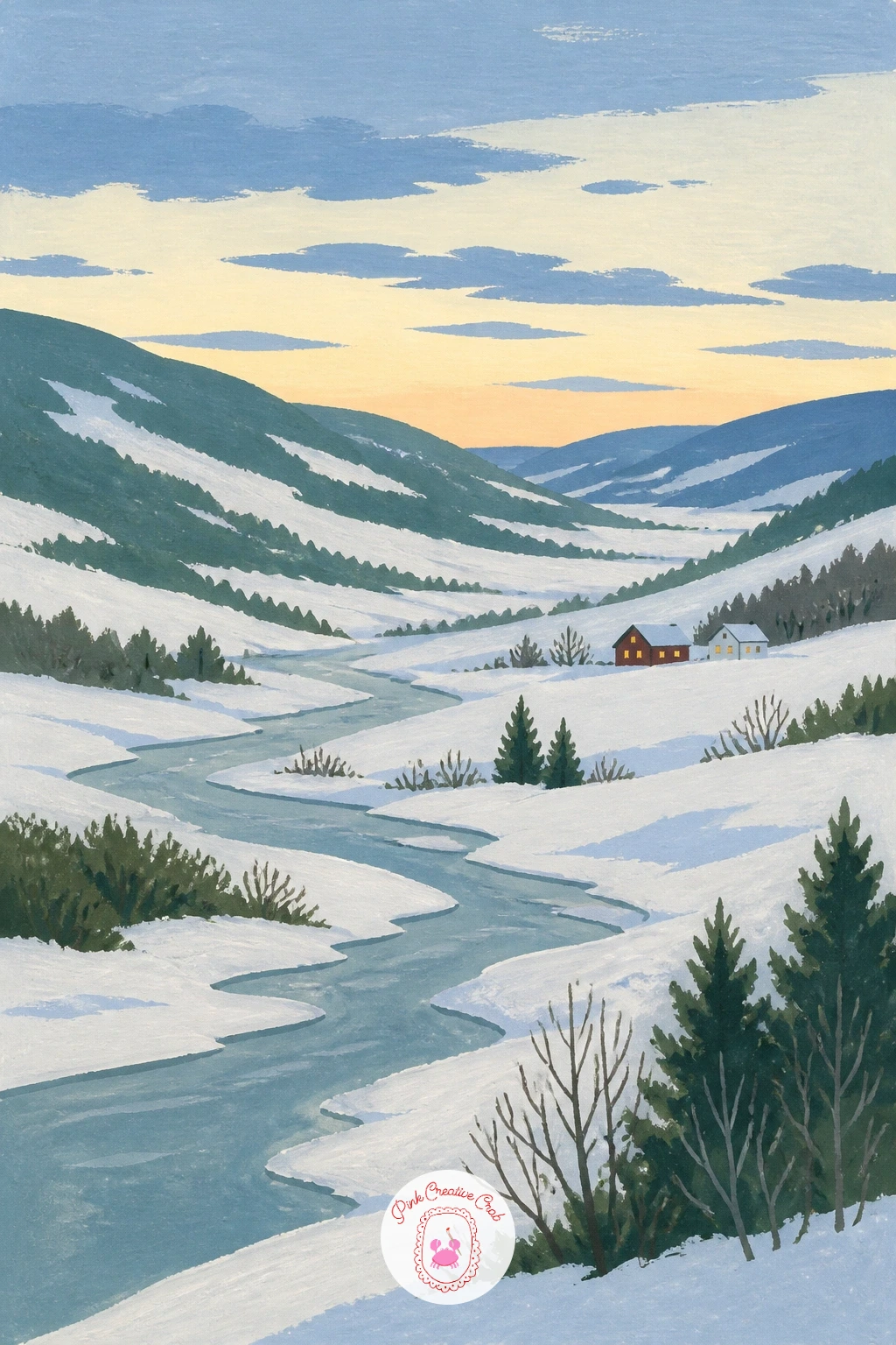 Long White Valley With Farm Lights at Dusk — A long white valley with a river and farm lights at dusk shifts the whole palette toward evening, which makes it a