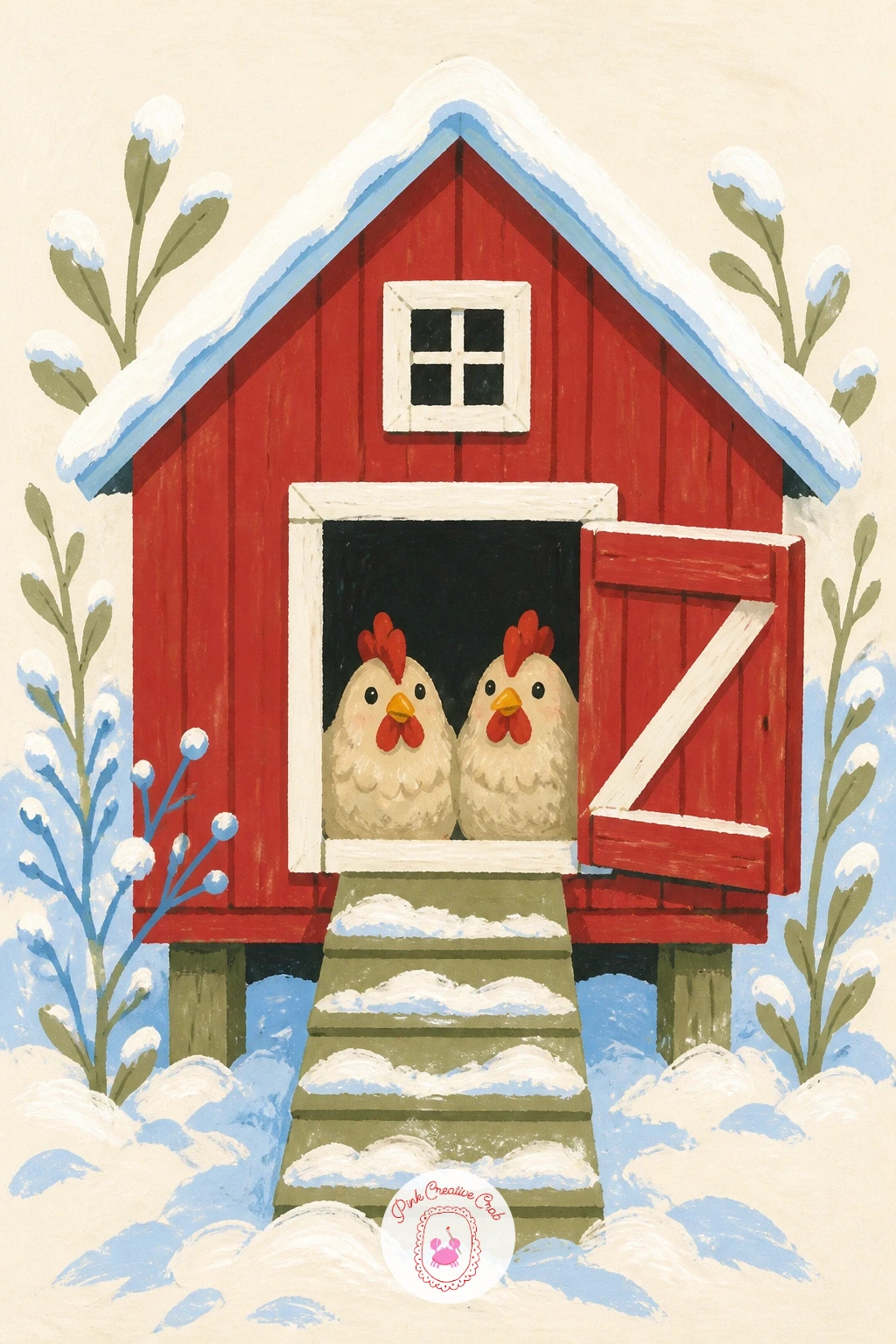 Red Chicken Coop With Peeking Hens — A red chicken coop in the snow with hens peeking out brings a cheerful dose of barn red back into the list after the