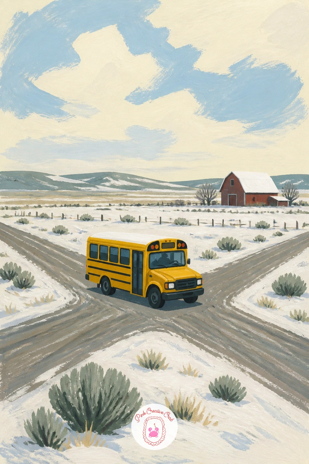 Yellow School Bus at a Rural Crossroads — A little yellow school bus at a snowy rural crossroads is a strong colour anchor subject, since that one bright