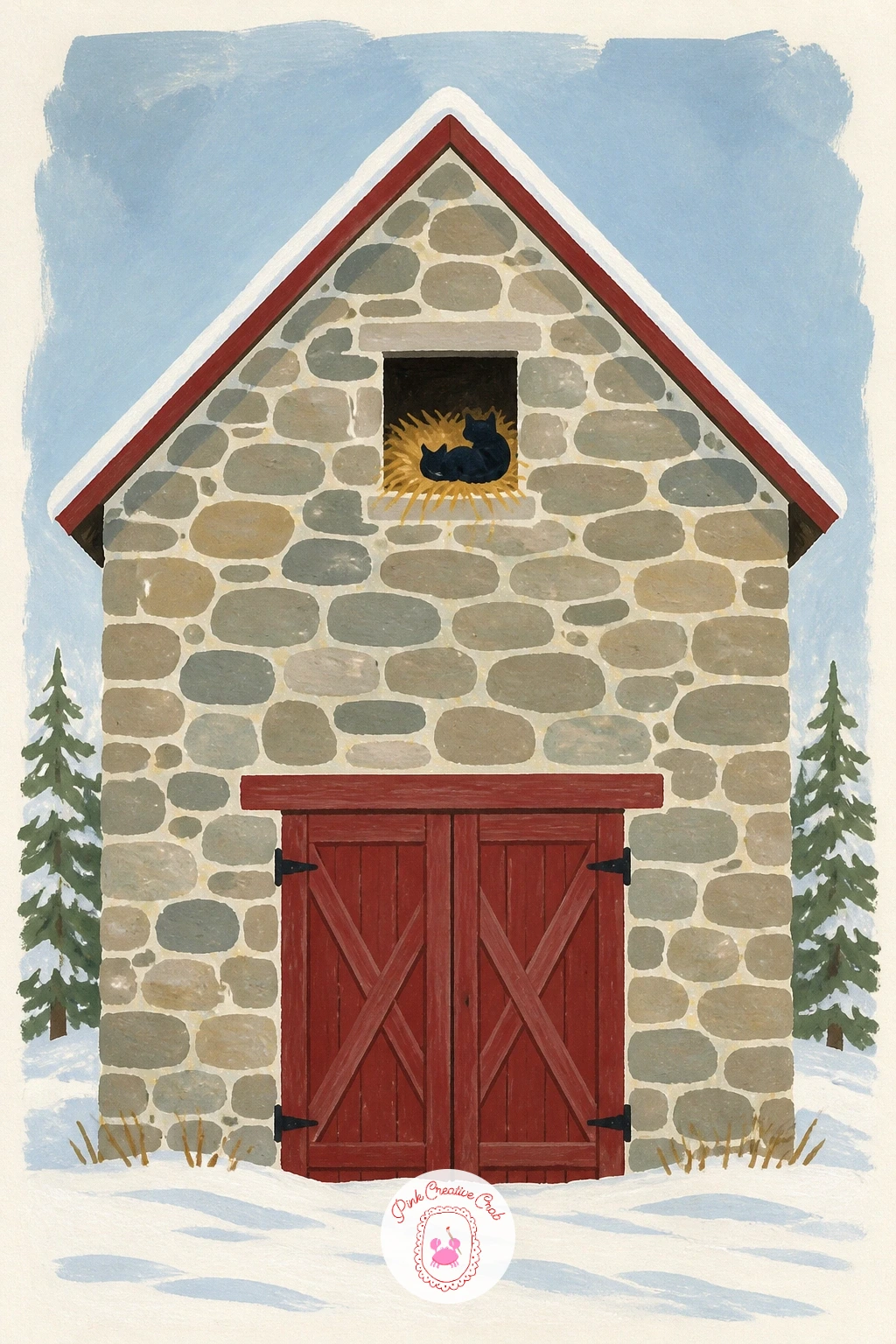 Stone Barn With a Cat in the Hayloft — A stone barn with a cat in the hayloft window is a nice small final detail scene once you trust the flat shape style.