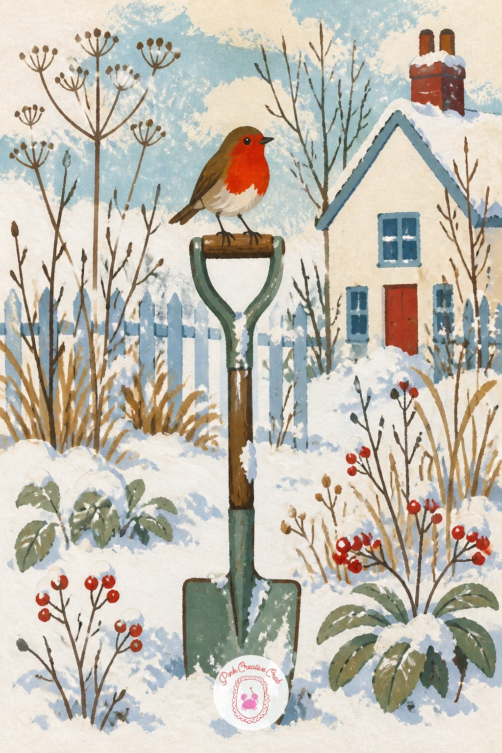 Cottage Garden With a Robin on a Spade — A cottage garden under snow with a robin on a spade handle brings the list to a gentle close with its smallest subject