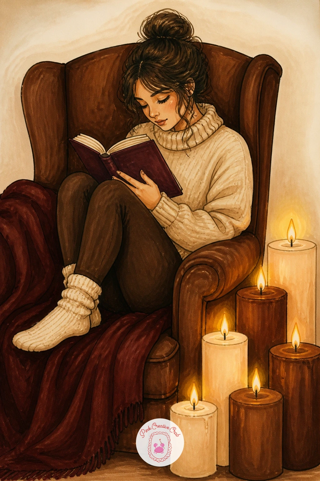 Girl Reading by Pillar Candles — Start with the girl reading in an armchair, because a seated figure and a cluster of candles is the easiest way into this