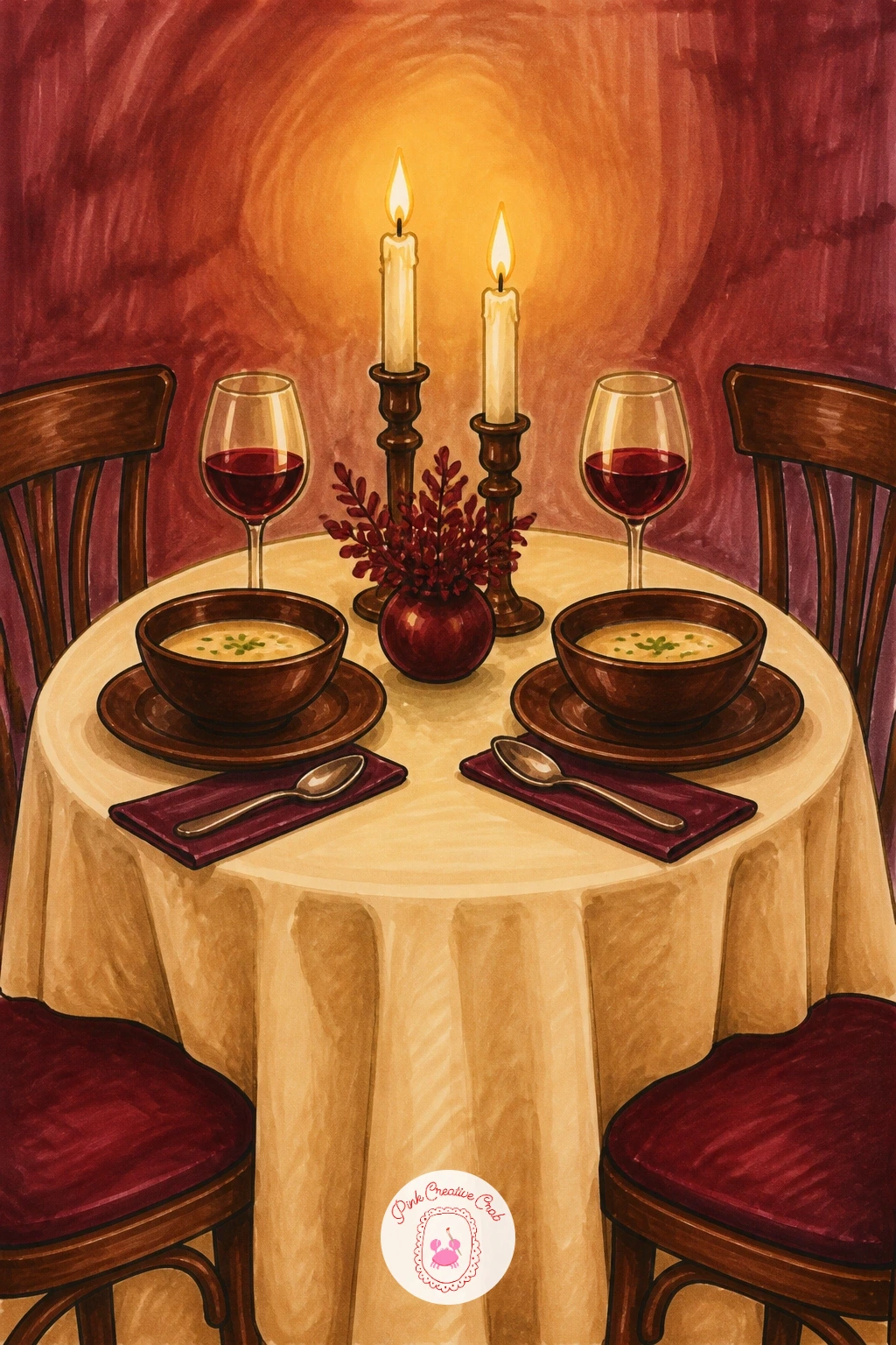 Supper Table for Two — Move from one quiet reader to a shared table: two candles lighting a supper set with soup bowls gives you straight lines and round