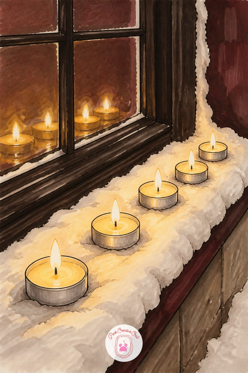 Tea Lights on a Snowy Window Ledge — After a table scene, try something flatter and more graphic: a row of tea lights lined up on a snowy outside window ledge.