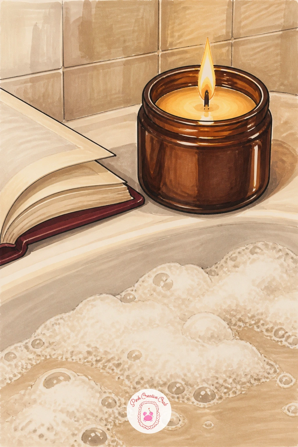 Candle Beside a Bubble Bath — Bring the candle indoors again with something softer: a candle in a jar resting on the edge of a bubble bath, a book propped
