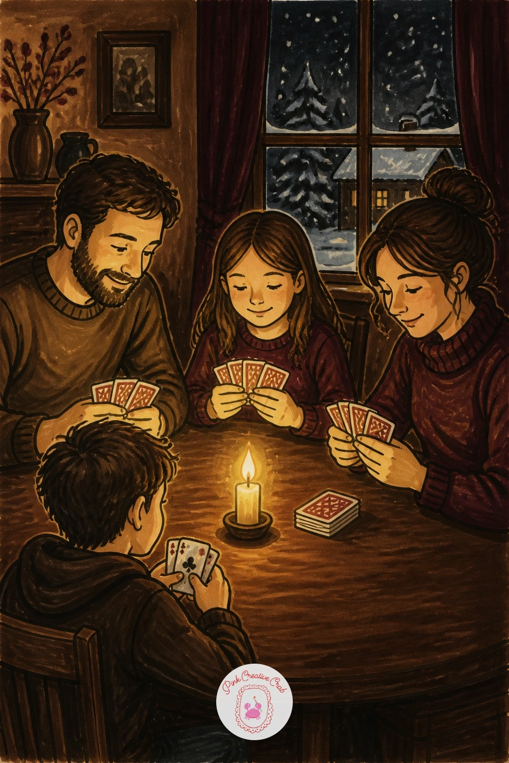 Card Game During a Power Cut — Step up to a fuller scene with the family playing cards by candlelight during a snowstorm power cut. Candle drawing