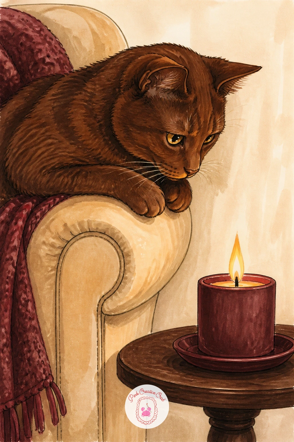 Cat Watching the Flame — Shift the focus to an animal for this one: a cat perched on the arm of a reading chair, watching a candle flame nearby. Candle drawing
