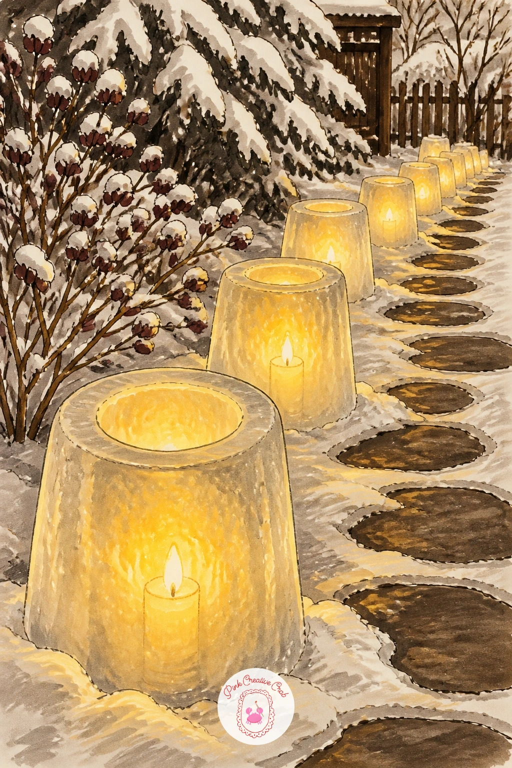 Ice Lanterns Along a Garden Path — Take the candle outside for a wider view: ice lanterns with candles lining a snowy garden path. Candle drawing