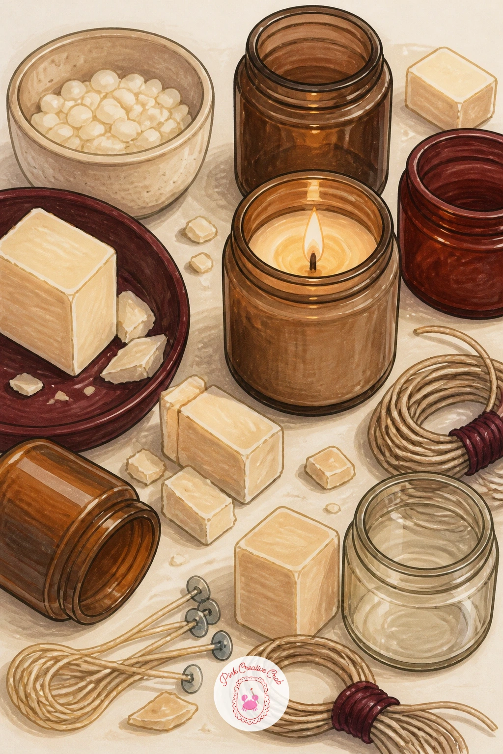 Candle-Making Table — Move into the craft side of candles with a candle-making table scattered with wax, wicks and empty jars. Candle drawing