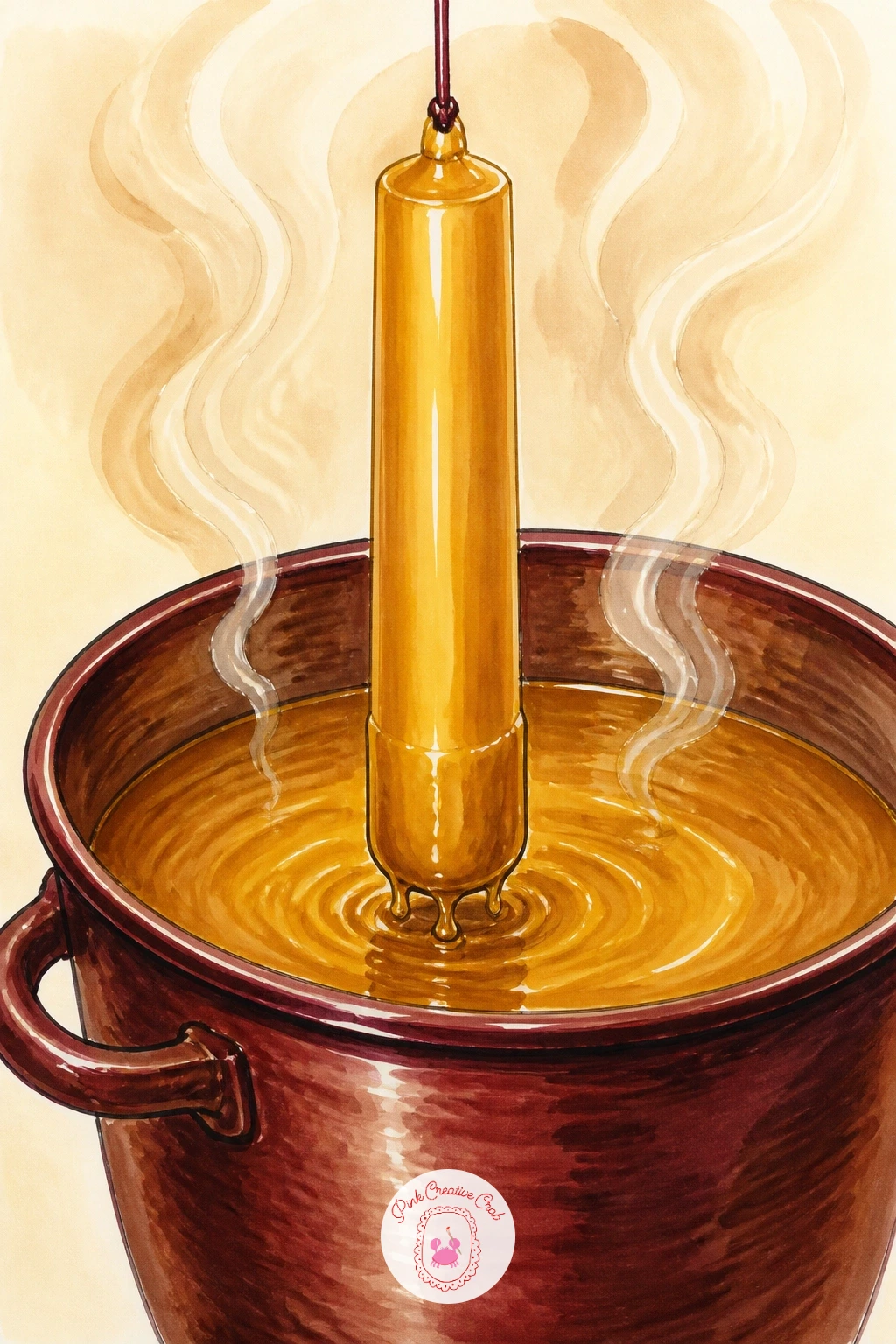 Dipping a Beeswax Candle — Follow the making theme with a single action shot: a beeswax candle being dipped into a pot of melted wax. Candle drawing