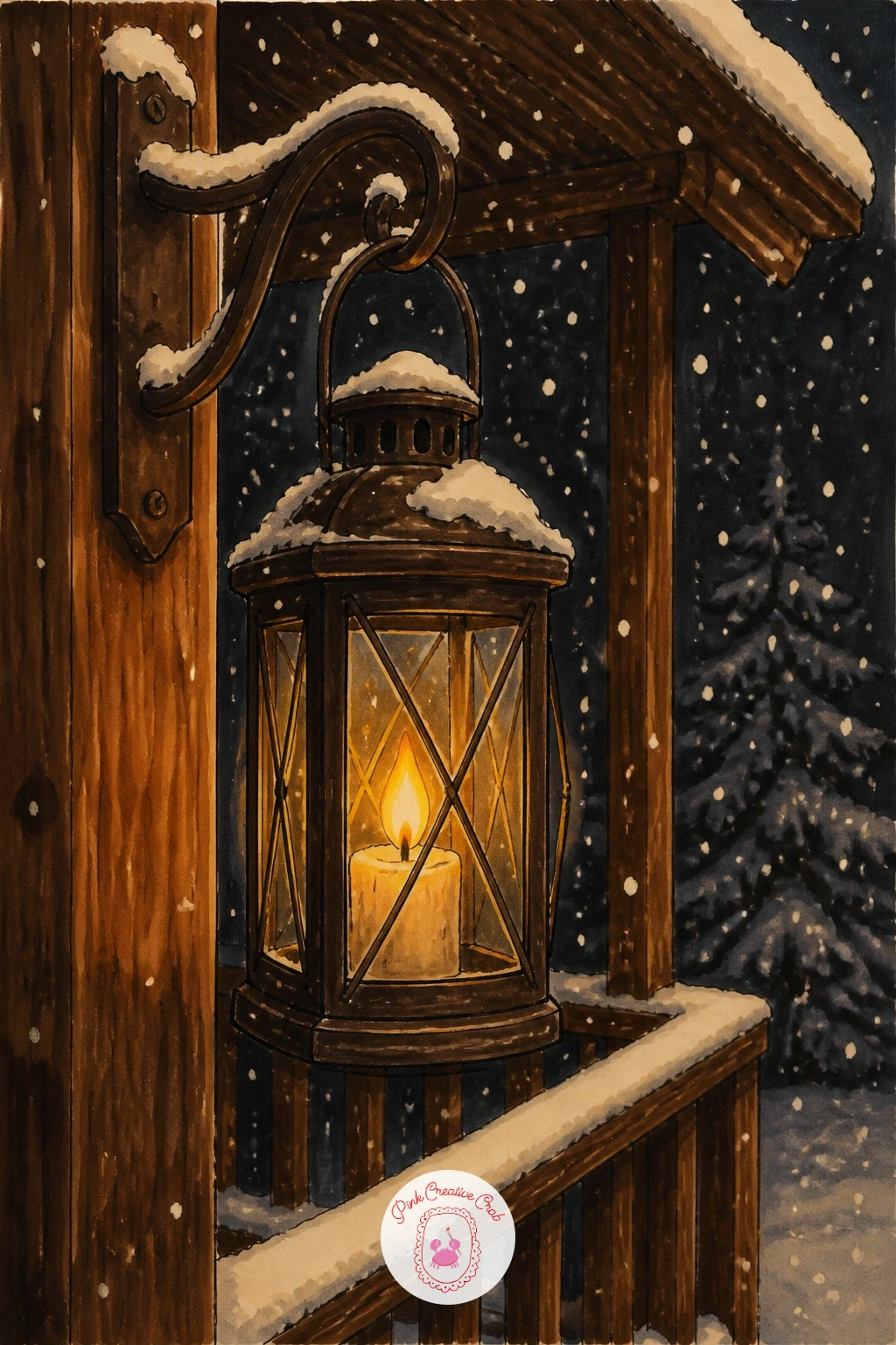 Cabin Porch Lantern in Snow — Head back outside for a quiet landscape moment: a lantern with a candle hanging on a cabin porch in snow. Candle drawing