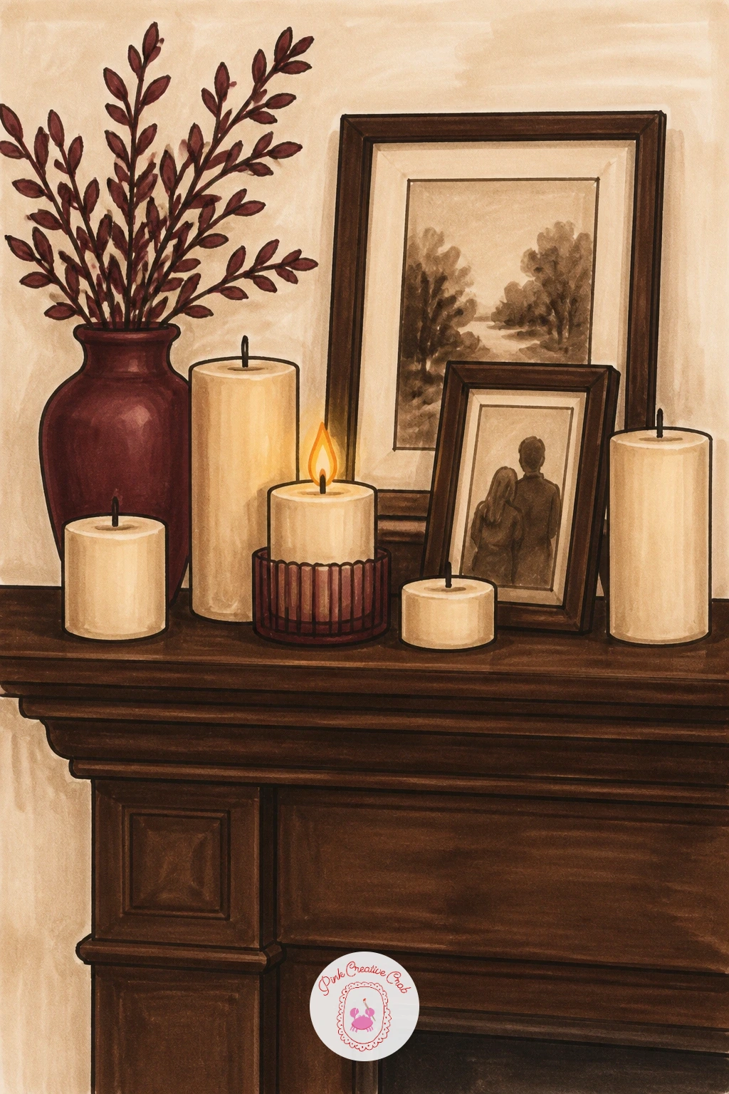 Mantelpiece With Photos and Candles — Settle into a still life now: candles on a mantelpiece alongside framed photos and a vase. Candle drawing