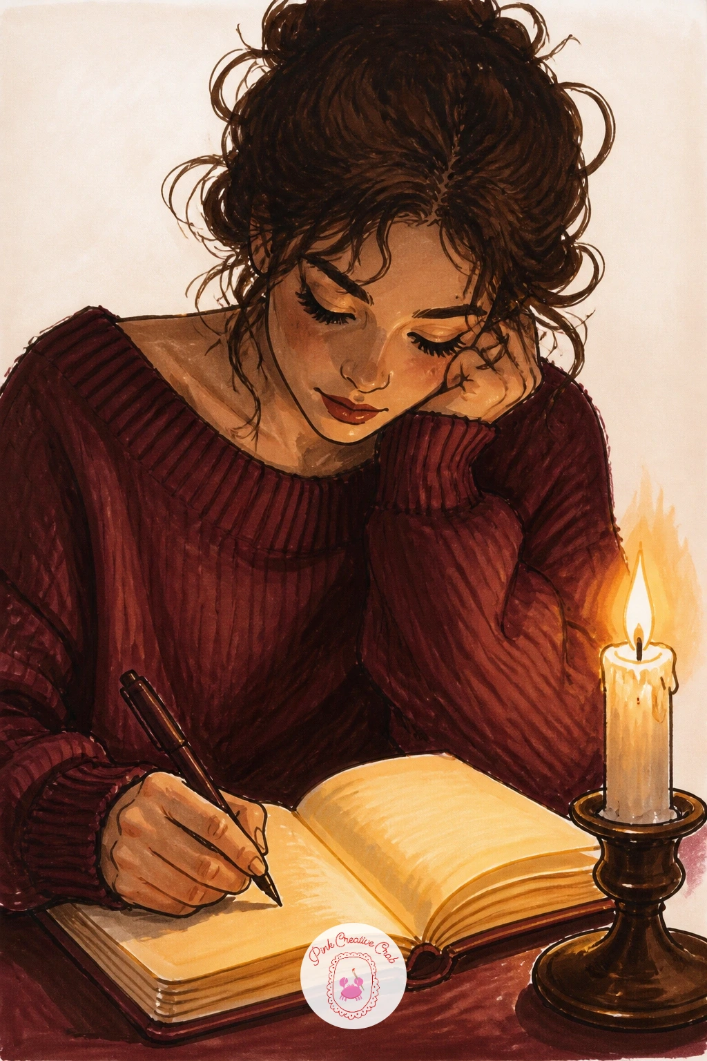 Journaling by a Single Candle — Bring the mood back to one person with a woman journaling by a single candle at her desk. Candle drawing