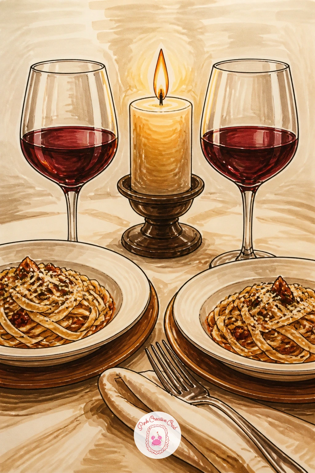 Candlelit Dinner for Two — Return to a shared table for a fuller candlelit dinner for two, set with pasta and red wine. Candle drawing