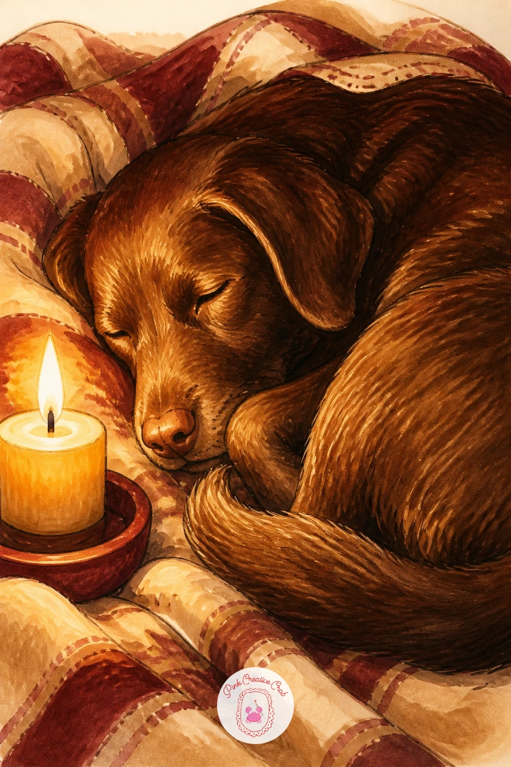 Bedside Candle With a Sleeping Dog — Bring in a quieter animal moment: a bedside candle glowing beside a sleeping dog. Candle drawing