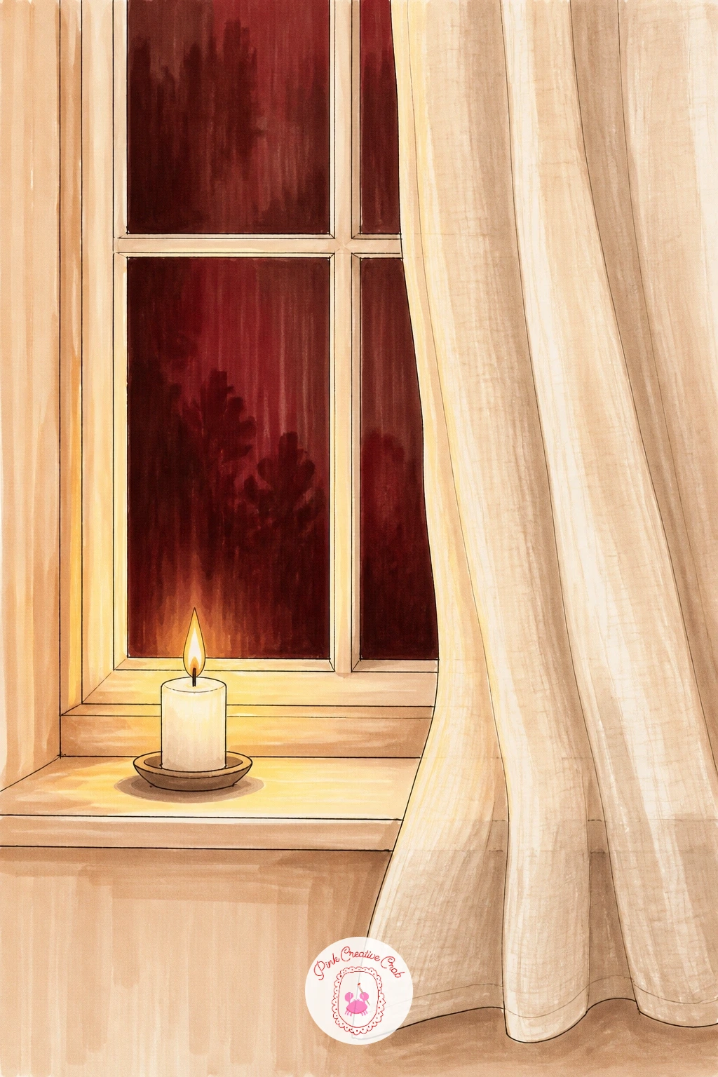 Scandinavian Window With Linen Curtain — Try a calmer, more graphic scene: a Scandinavian-style window with a single candle and a white linen curtain. Candle