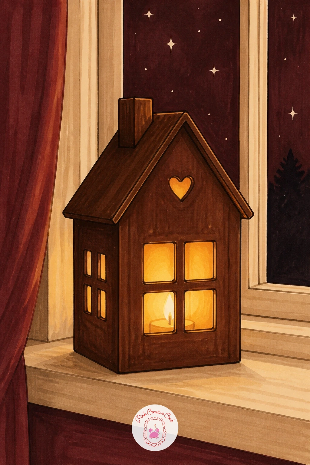 House-Shaped Candle Holder on a Windowsill — Narrow the focus to a small object: a little house-shaped candle holder glowing on a windowsill. Candle drawing
