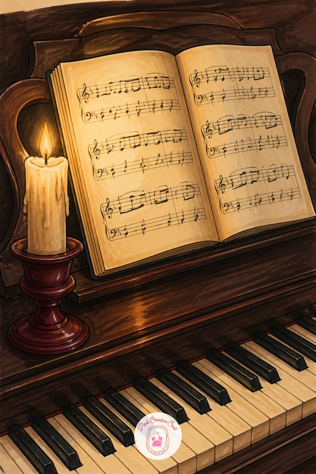 Candle Lighting a Sheet of Music — Pair the candle with an instrument: a candle lighting a sheet of music propped on a piano. Candle drawing