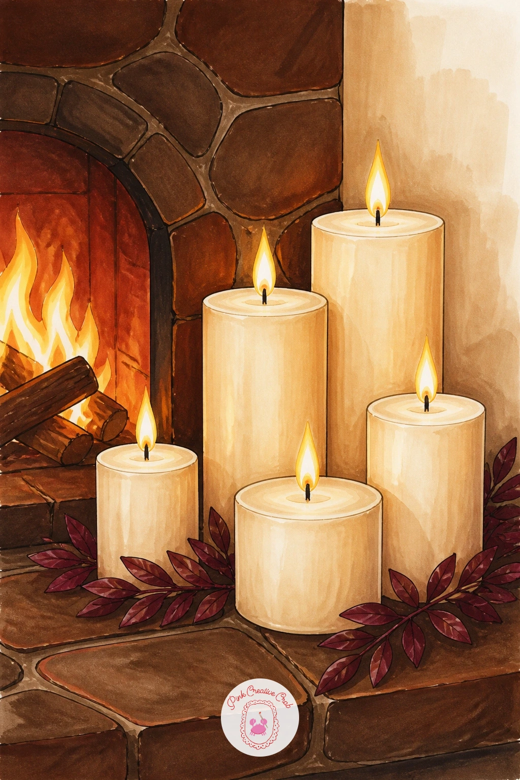 Pillar Candles on a Stone Hearth — Return to a fireside scene with chunky pillar candles arranged on a stone hearth beside the fire. Candle drawing