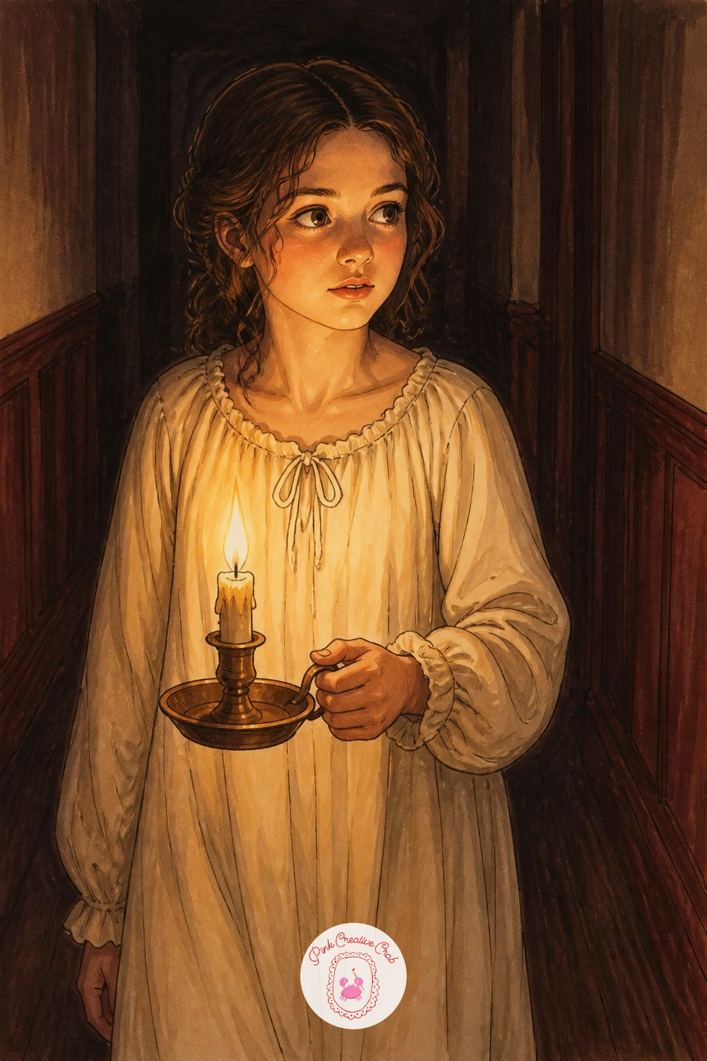Girl Carrying a Brass Candle Holder — Bring a figure back into motion with a girl in a nightgown carrying a candle in a brass holder down a dim hallway. Candle