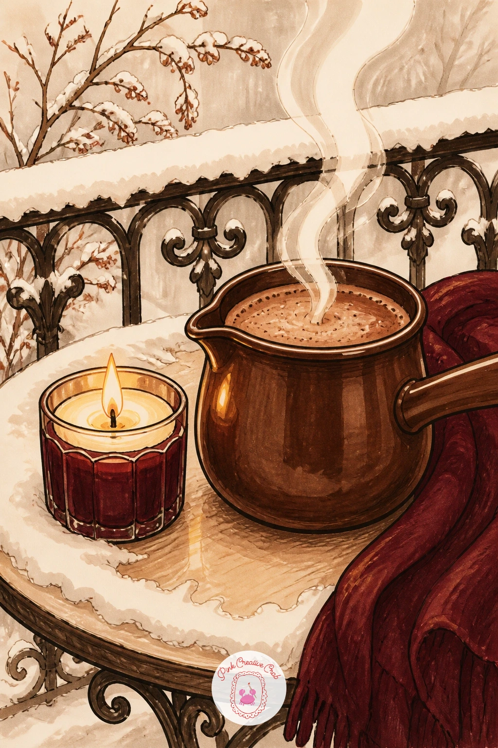 Cocoa and a Candle on a Snowy Balcony — Take the candle outdoors again for a smaller, quieter setup: a candle and a pot of cocoa on a snowy balcony table.