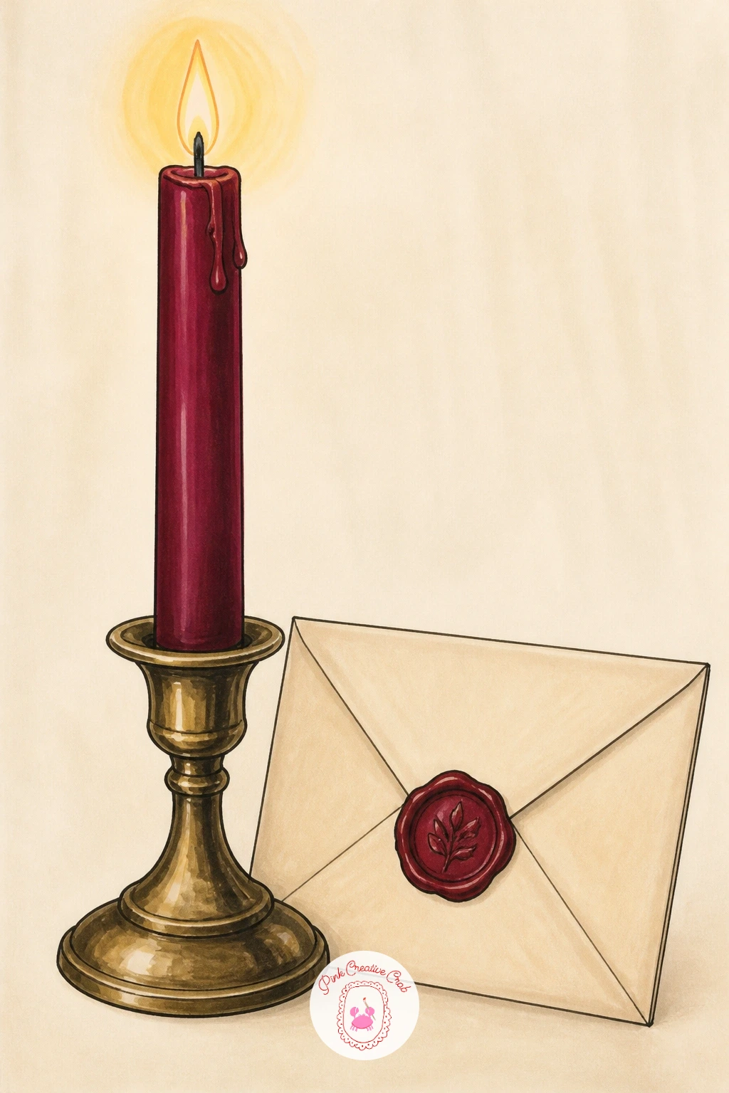 Taper Beside a Sealed Letter — Slow the mood down with a burgundy taper in a brass candlestick resting next to a sealed letter. Candle drawing