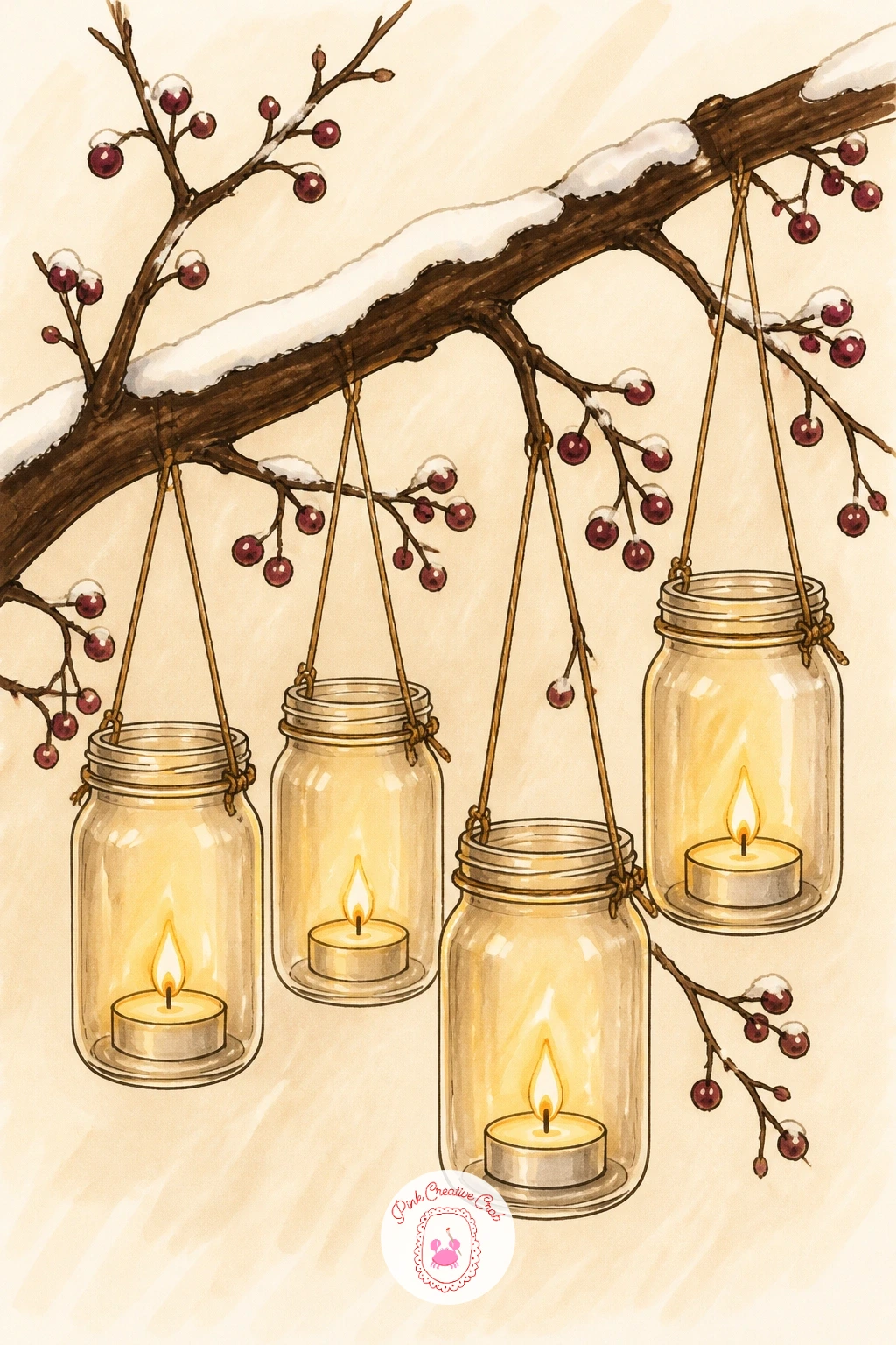 Tea Lights in Mason Jars on a Branch — Go back outdoors for a hanging detail: tea lights in mason jars suspended from a snowy tree branch. Candle drawing