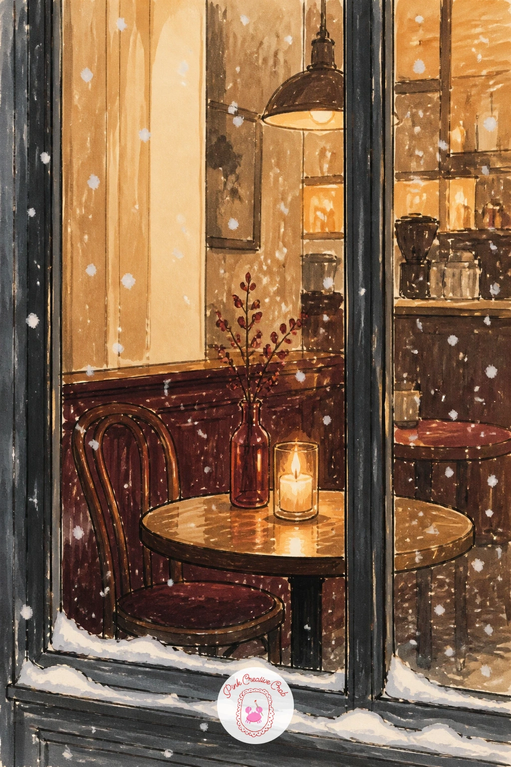 Candle in a Cafe Window — Bring the scene into a public, cozy setting: a candle glowing in a cafe window on a snowy afternoon. Candle drawing