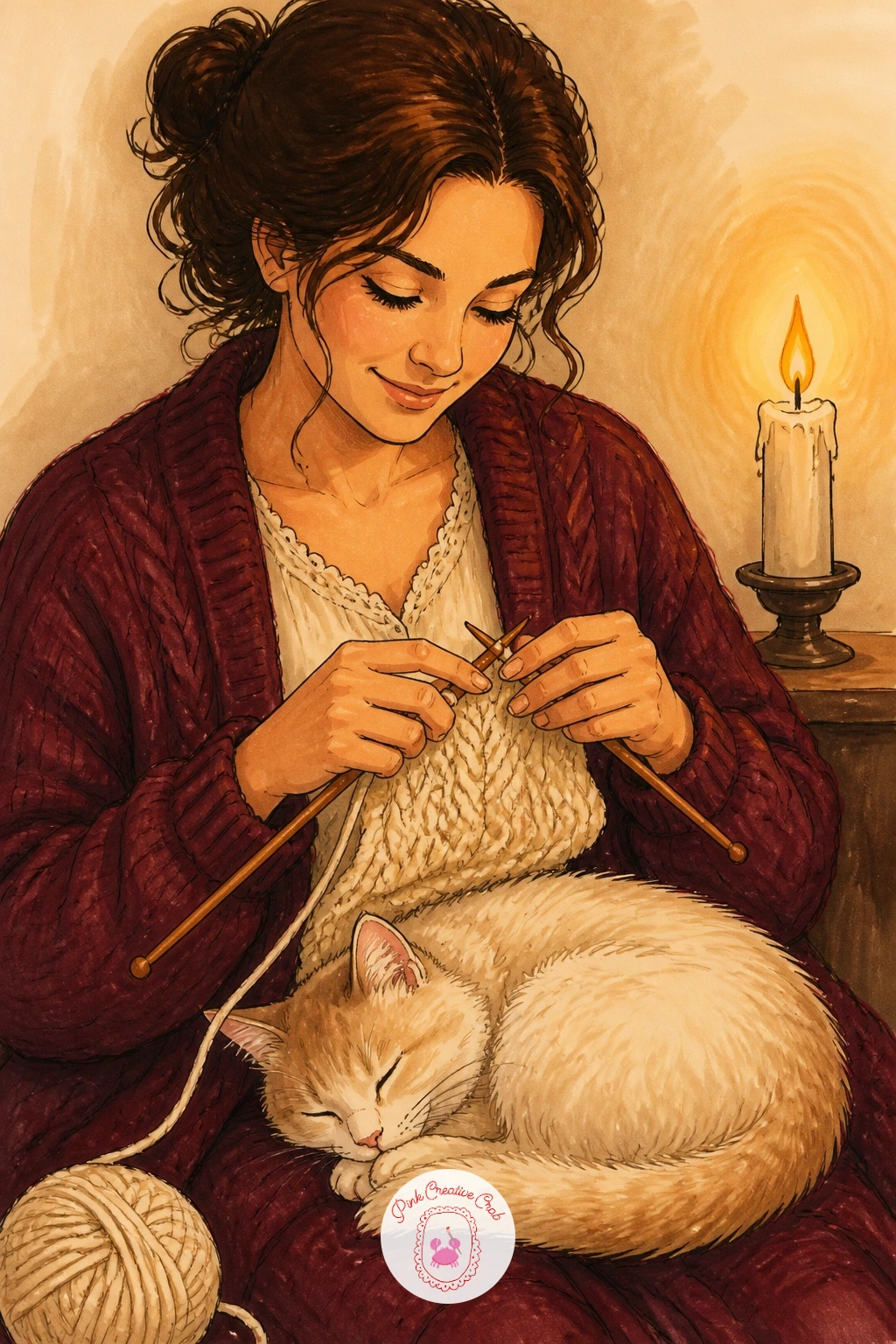 Knitting by Candlelight With a Cat — Return indoors to a quiet woman knitting by candlelight with a cat curled on her lap. Candle drawing