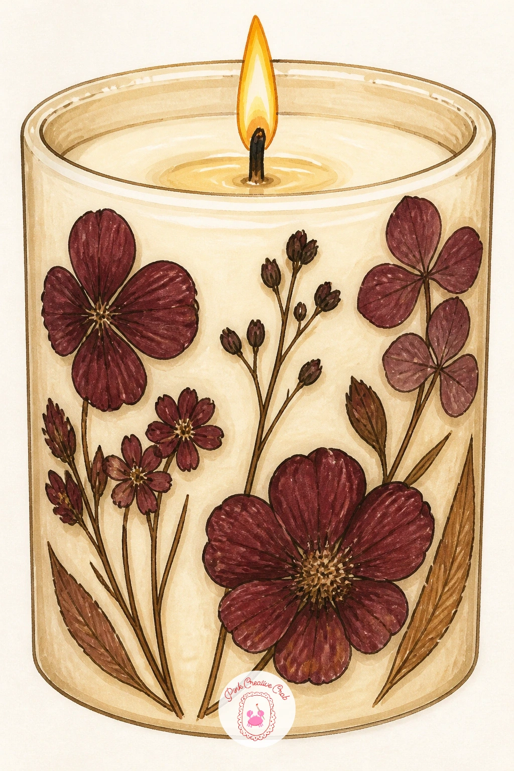 Homemade Candle With Pressed Flowers — Go back to the craft table for a finished piece: a homemade candle with pressed flowers set into the wax. Candle drawing