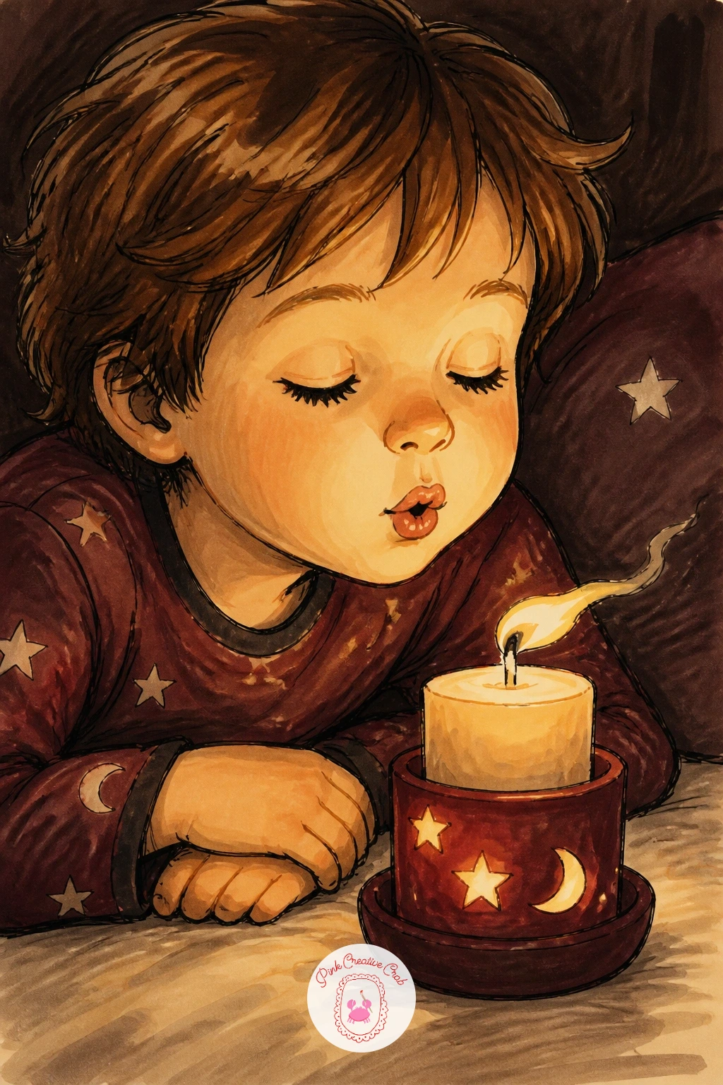 Child Blowing Out a Bedtime Candle — Close in on a tender bedtime moment: a sleepy child blowing out a candle before sleep. Candle drawing