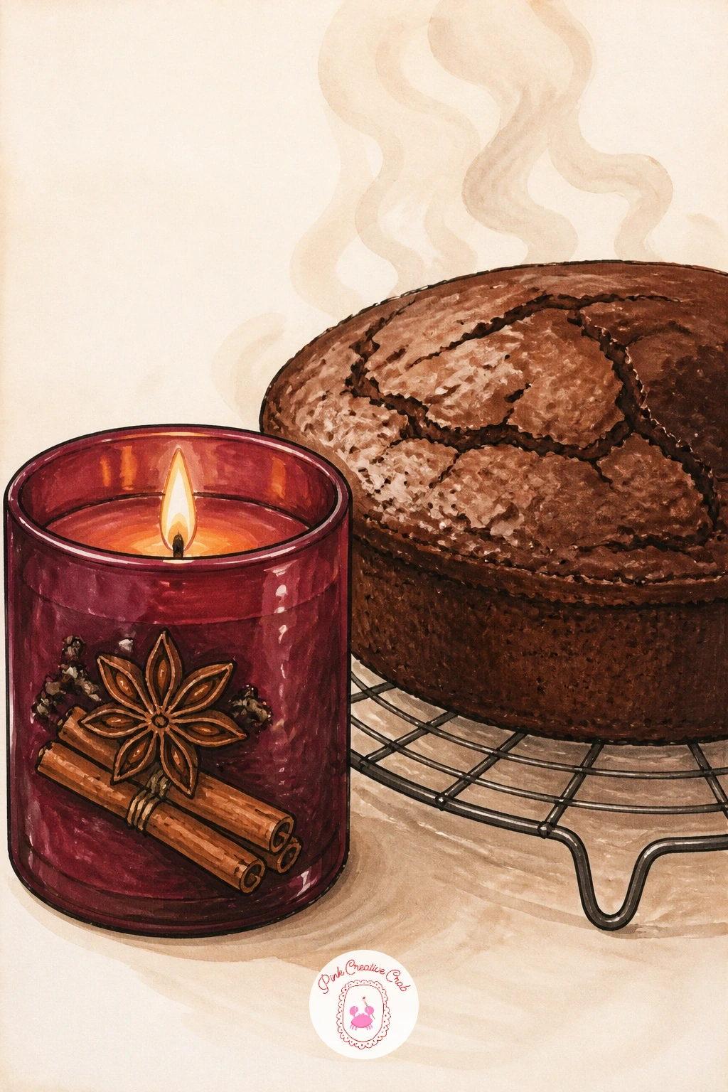 Scented Candle Beside a Cooling Cake — Finish the list in a warm kitchen: a spice-scented candle on the counter beside a cooling cake. Candle drawing