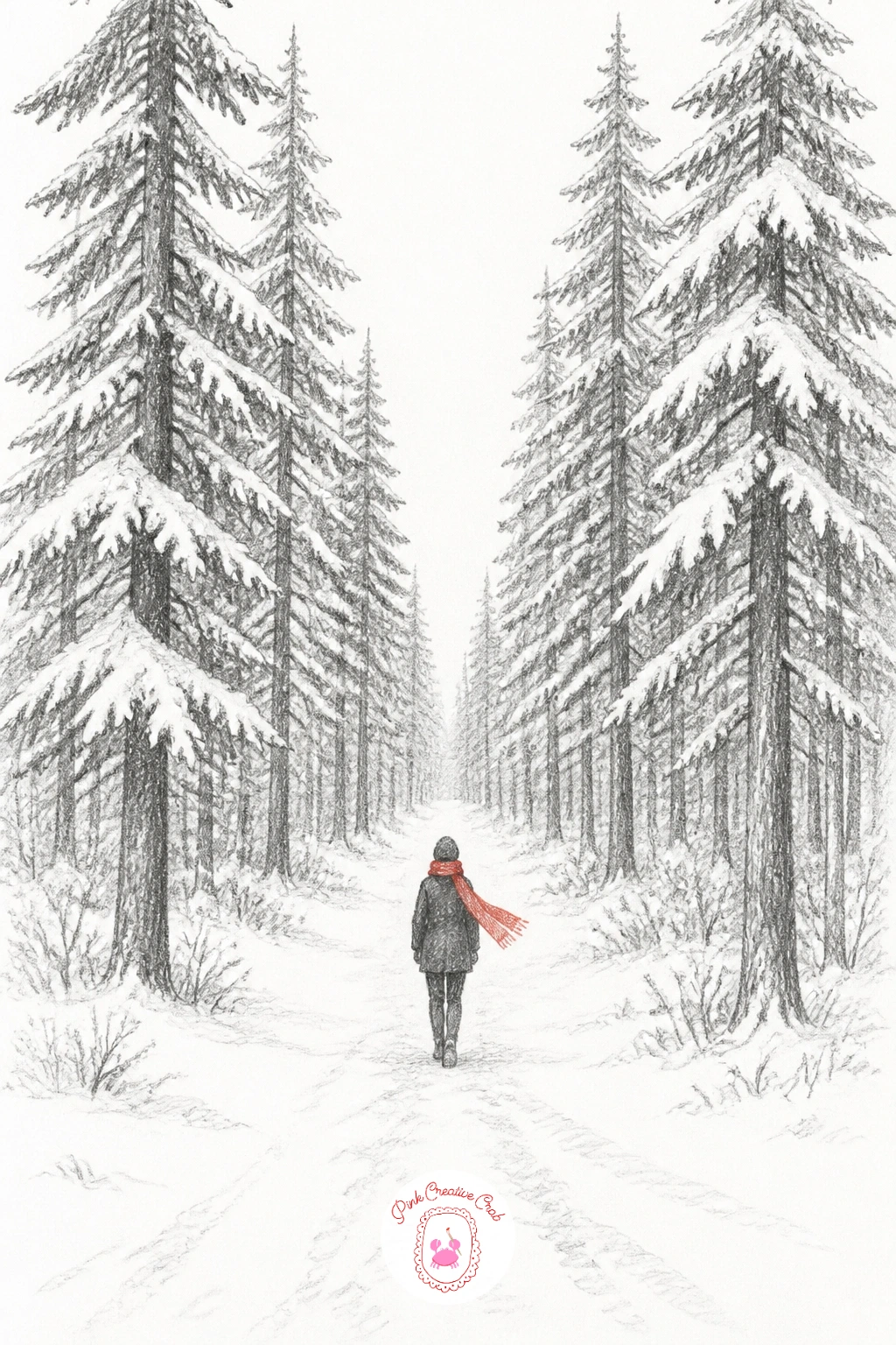 Woodland Path With Red Scarf — Start a woodland path drawing with two converging lines running from the bottom corners up to a point just above center: that