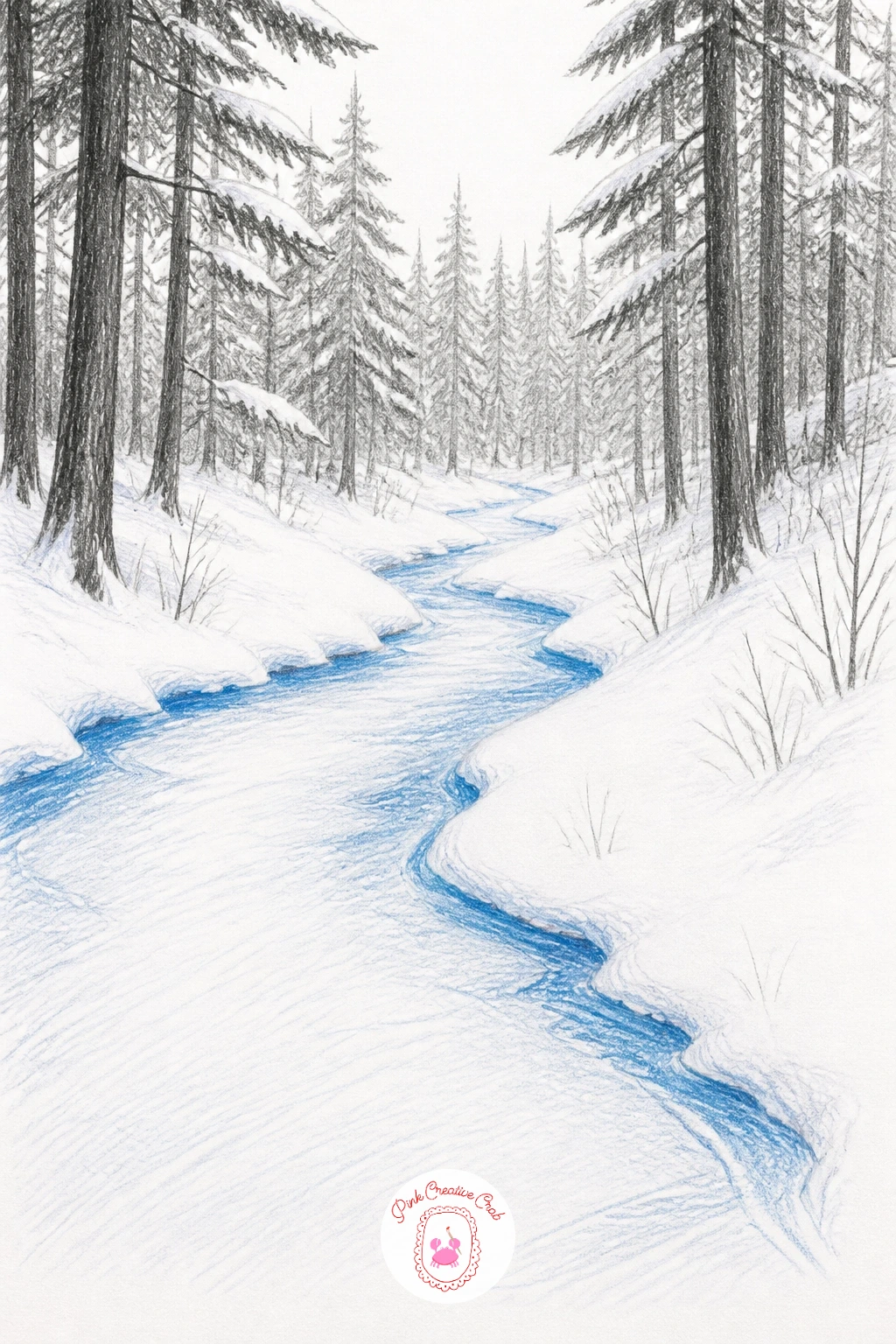 Frozen Stream Through Pines — Move from a path to water with a frozen stream winding between pine trunks. Forest drawing