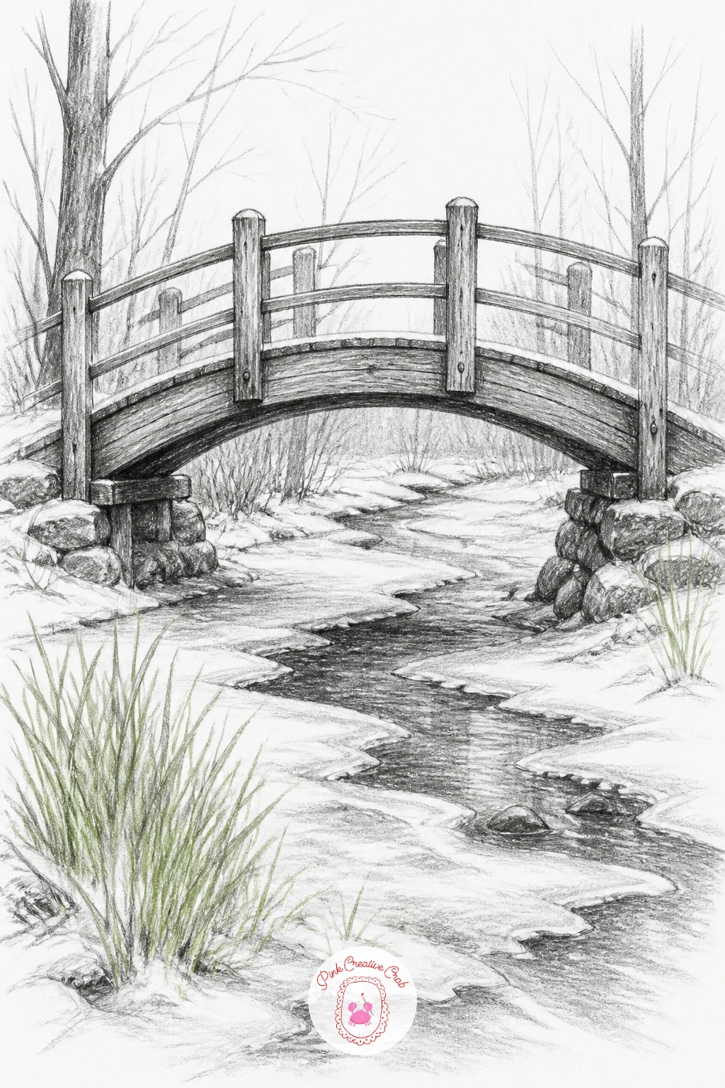 Footbridge Over An Icy Brook — A wooden footbridge gives this scene its structure, so draw the bridge first as two parallel curved lines for the top rail and a