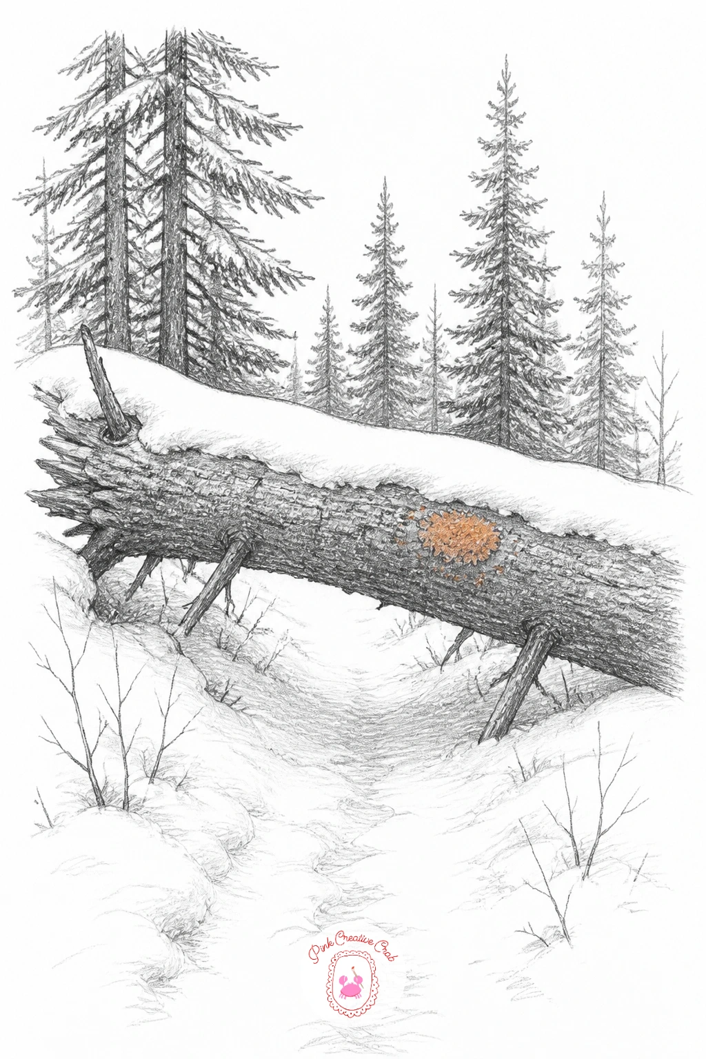 Fallen Tree Across The Trail — A fallen tree across a trail works well for practicing how a cylinder lies in space. Forest drawing