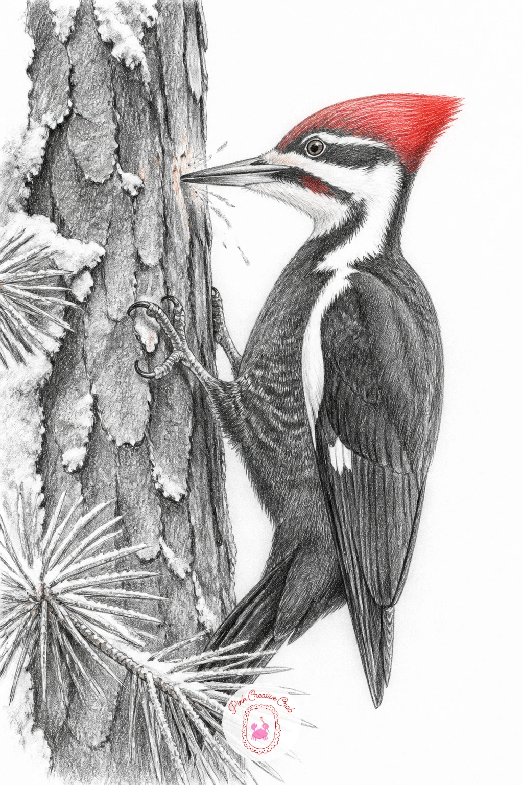 Woodpecker Drumming On A Pine — A woodpecker drawing lives or dies on the angle of the body against the trunk, so sketch the trunk first as a strong vertical