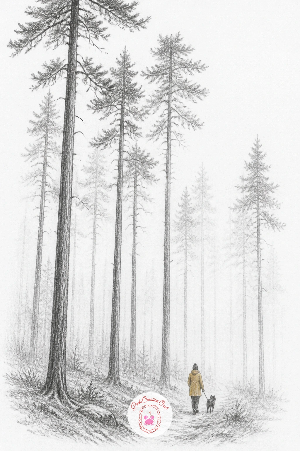 Tall Pines In Fog With Walker And Dog — Fog changes everything about how you shade a forest, so start this one backward from most drawings: block in the